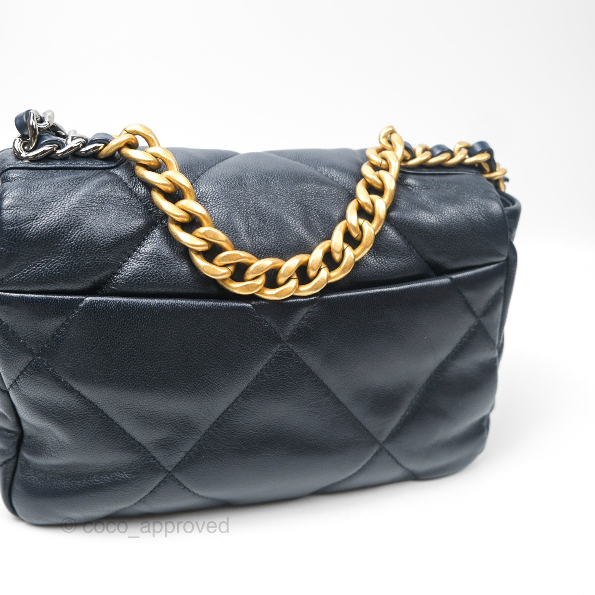 Chanel 19 Small Navy Blue Goatskin Leather Bag with Mixed Gold & Silver Hardware - Luxury Crossbody Purse for Women, Perfect for Date Night & Evening Events