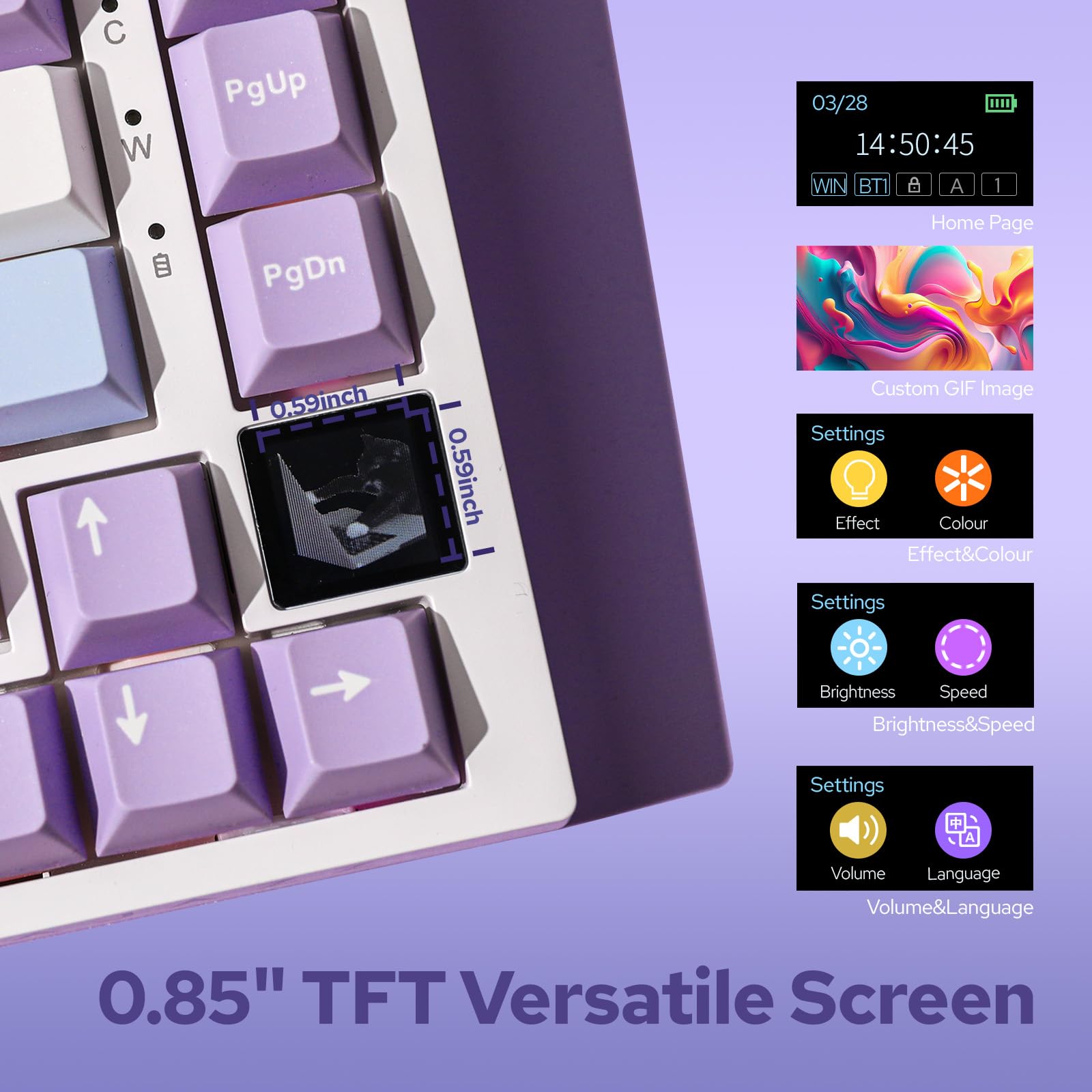 EPOMAKER Ajazz AK820 Pro 75% Gasket-Mounted Wireless Mechanical Keyboard with TFT Screen - Bluetooth 5.1/2.4G/USB-C, RGB Backlit, Sound Dampening Foam (White Purple, Flying Fish Switch) - Perfect for Gaming, Office Work & Typing Enthusiasts