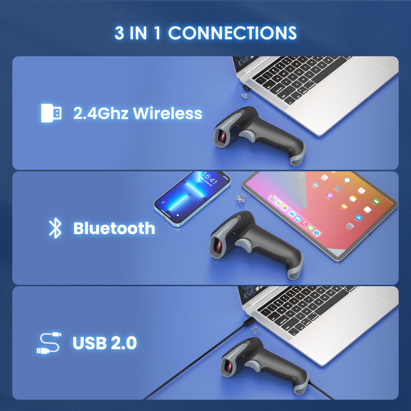 Eyoyo 2D 1D Wireless Barcode Scanner with Stand - 3-in-1 Barcode Reader (2.4G Wireless, Bluetooth & USB Wired) for iPhone, Mac, Android - Perfect for Retail Stores, Warehouses, Libraries & Inventory Management