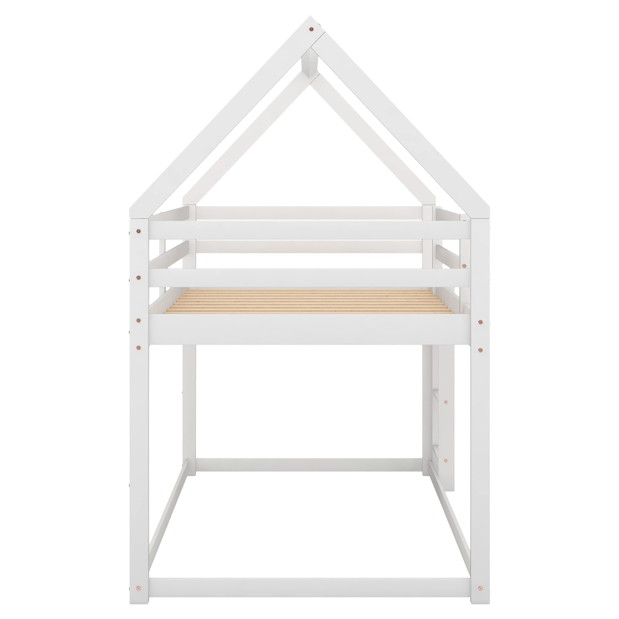 Merax Twin Over Twin Solid Wood Bunk Bed with Roof Ladder & Guardrail - Kids & Teens Bunk Bed for Boys & Girls (White) - Perfect for Small Bedrooms, Shared Kids Rooms & Sleepovers