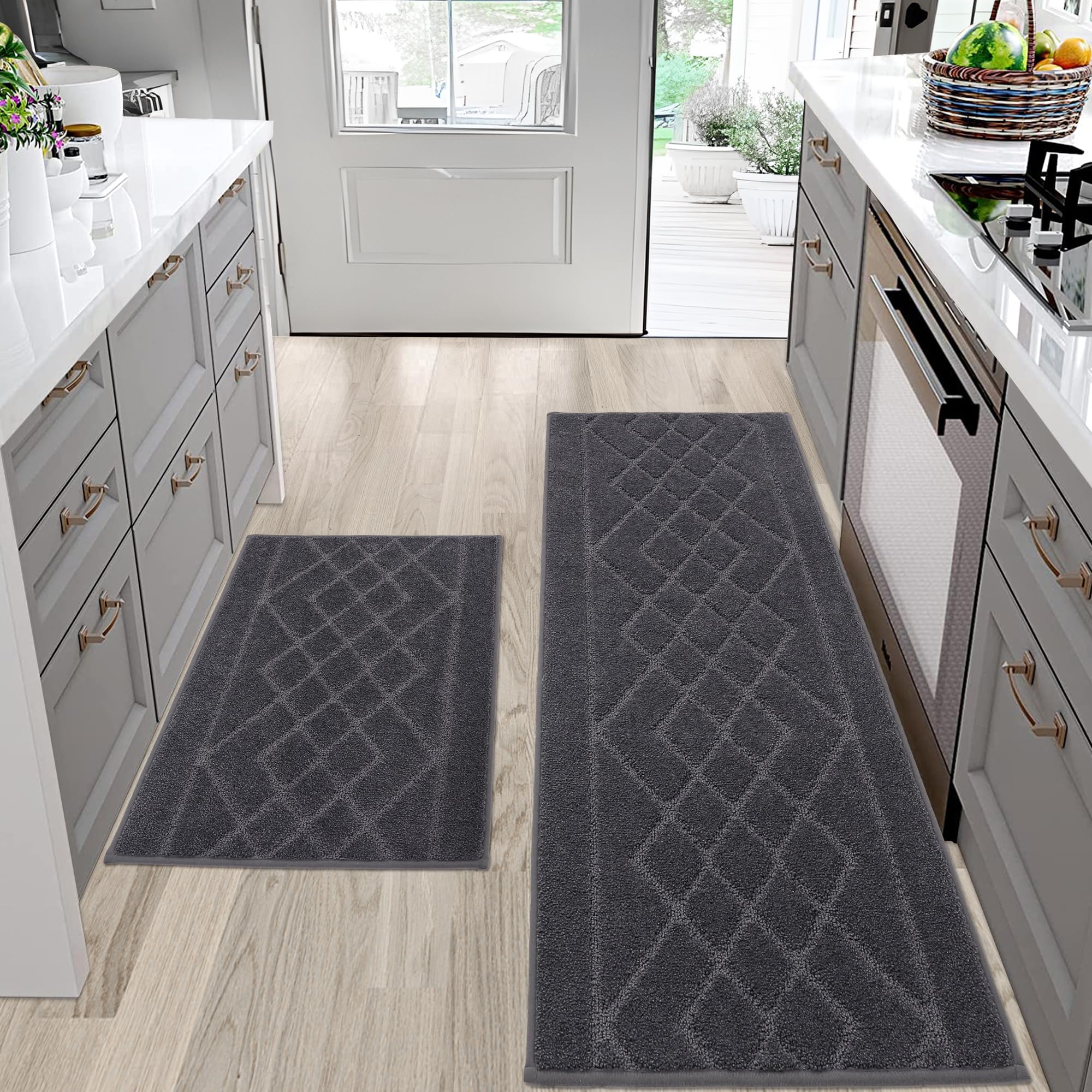 BEQHAUSE Non-Slip Washable Kitchen Rugs Set of 2 - Absorbent Soft Floor Mats for Kitchen, Sink, Hallway & Laundry (20”x30” + 20”x48”, Dark Grey) - Perfect for High-Traffic Areas & Spill Protection