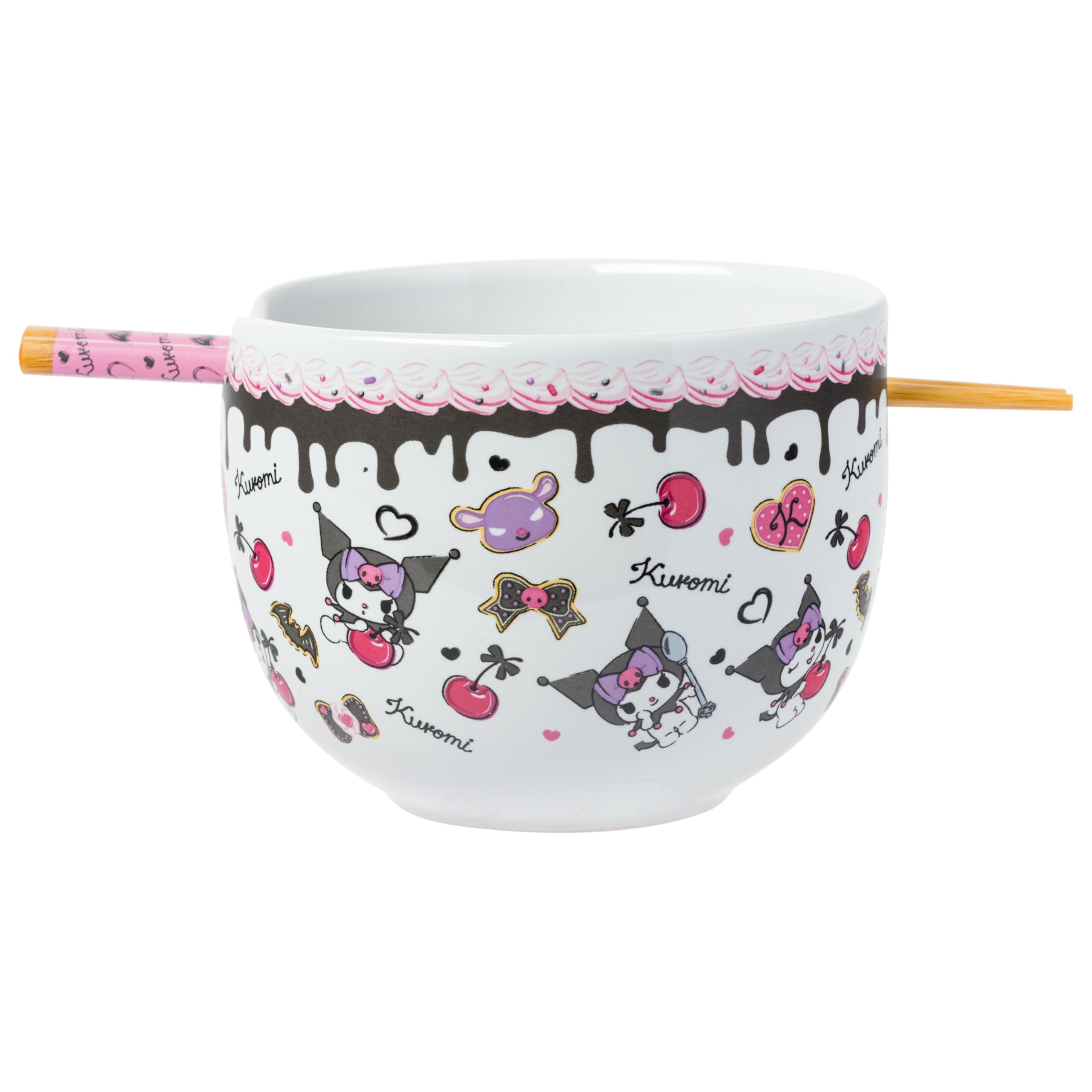 Sanrio Hello Kitty & Friends Kuromi Chocolate Cherry Ceramic Ramen Bowl - 20oz Microwave Safe Noodle Rice Dish with Chopsticks | Cute Anime Dinnerware for Home, Office & Gift