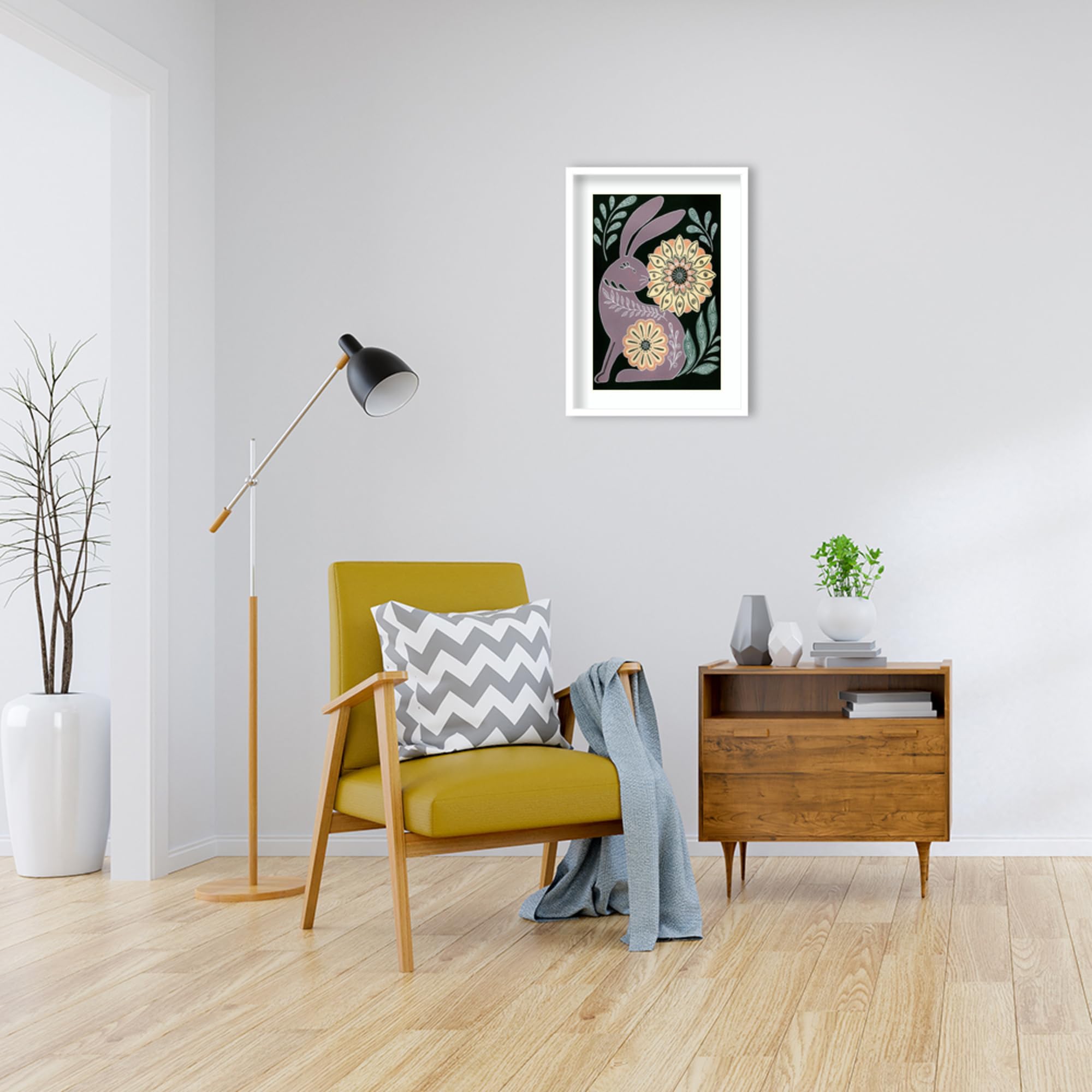 Amanti Art Framed Wall Art Print - 25x19 Nordic Folk Bunny Painting by Yvette St. Amant | Whimsical Animal Wall Decor for Living Room, Bedroom, Office | Perfect for Nursery, Bathroom & Kitchen Decor