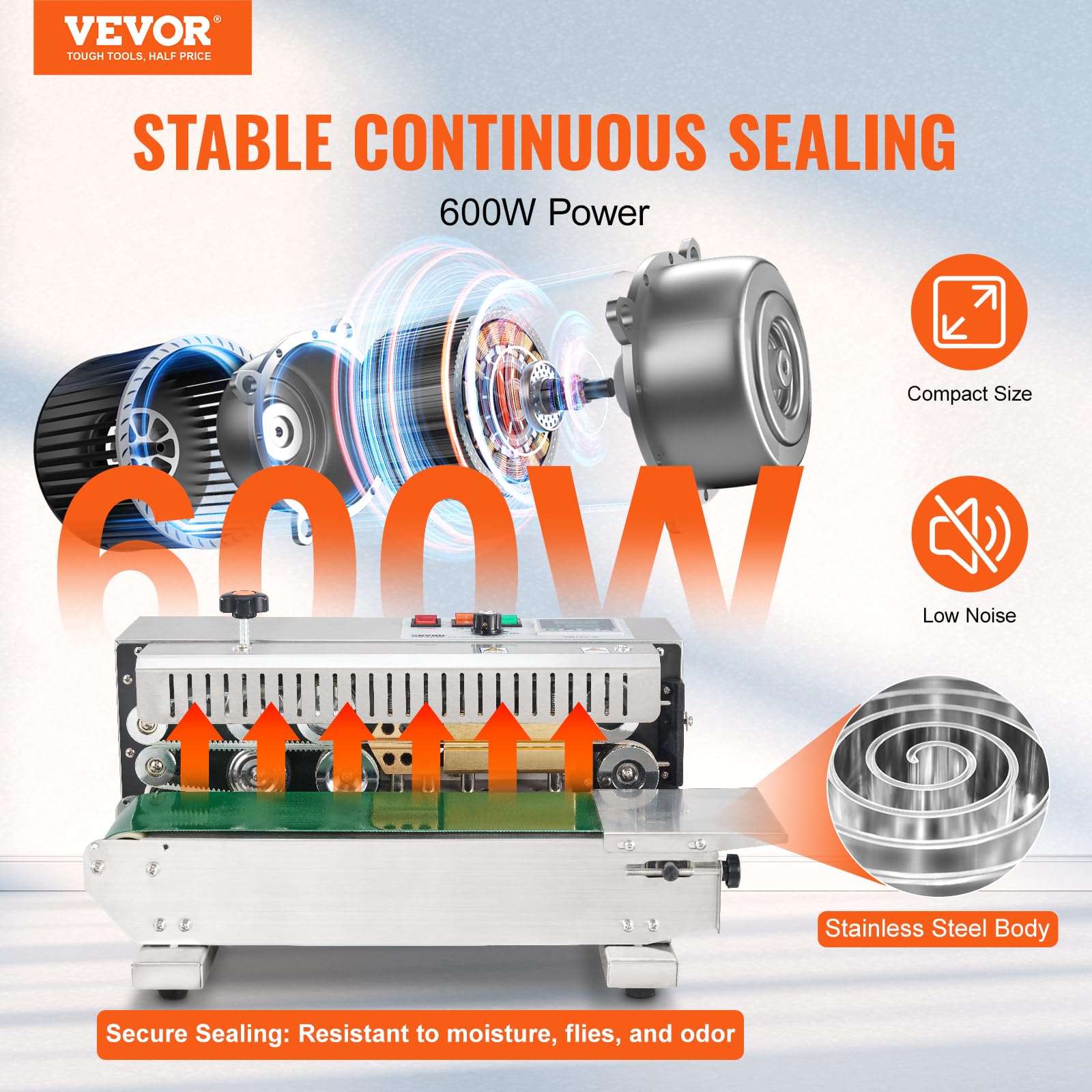 VEVOR Continuous Band Sealer Machine - 6-12mm Adjustable Seal Width, Digital Temperature Control Stainless Steel Bag Sealer for 0.02-0.8mm Plastic Bags | Food Packaging, Medical Supplies & Industrial Use