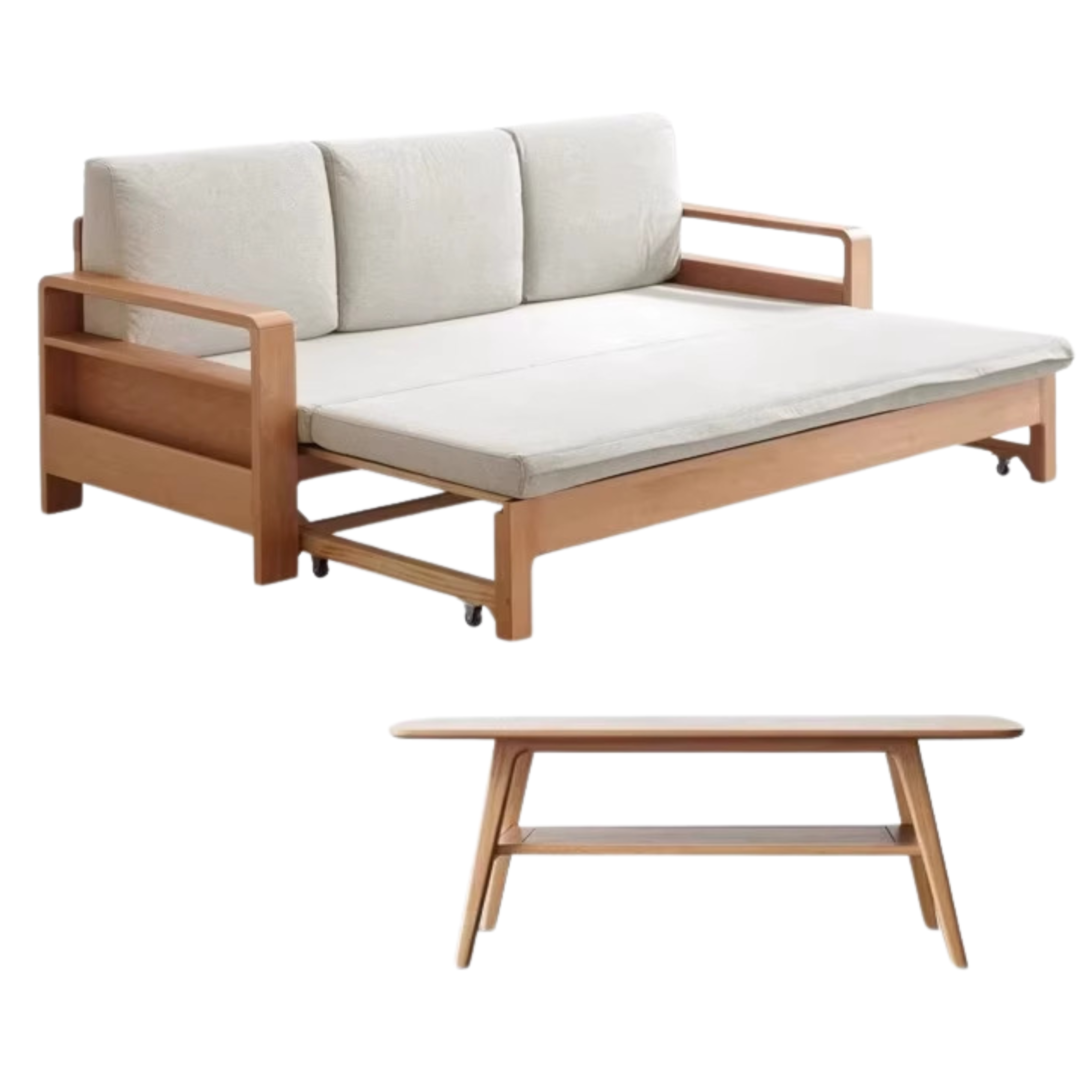 83.5x31.1-55.7x26.8 inch / 212x79-141.5x68сm / Oak Natural wood - off-white ordinary cushion + 1.2 meter coffee table