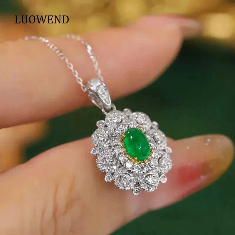 18K White & Yellow Gold Necklace with Real Natural Emerald & Diamonds | Luxury Women's Jewelry for Parties, Weddings & Special Occasions