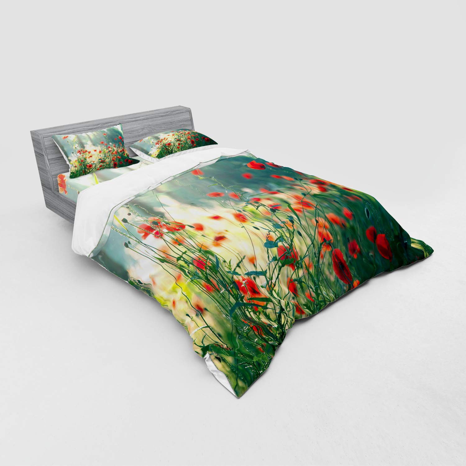 Ambesonne Nature Bedding Set - Queen Size 4-Piece Duvet Cover with Shams & Fitted Sheet, Wild Red Poppy Flowers Field Design in Red Green Yellow | Perfect for Summer Gardening Theme & Boho Chic Bedroom Decor