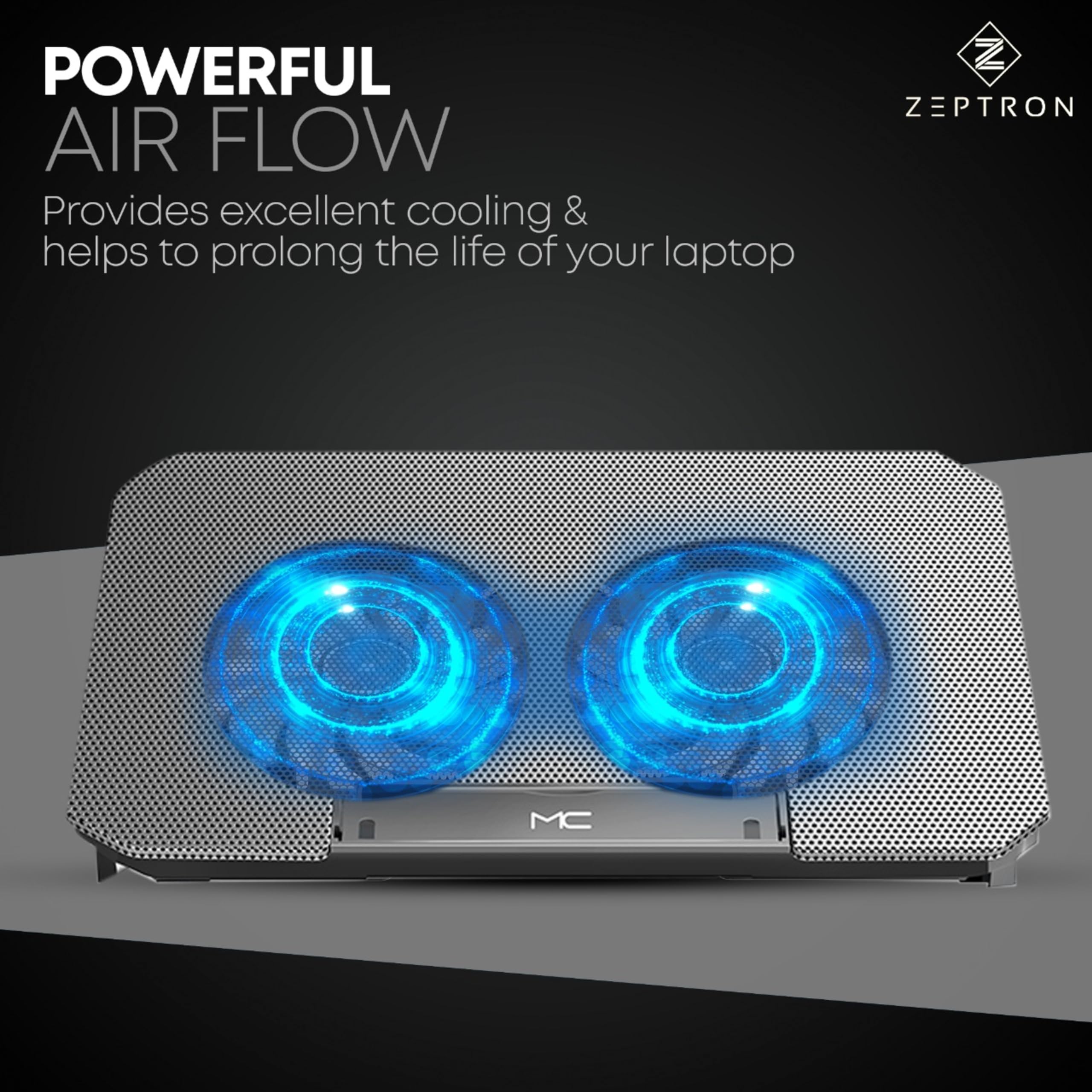 ZEPTRON Adjustable Laptop Cooling Pad with Dual Fans - Portable Cooling Stand for 12-15.6 Inch Notebooks (Silver) | Perfect for Gaming, Office Work & Home Use to Prevent Overheating