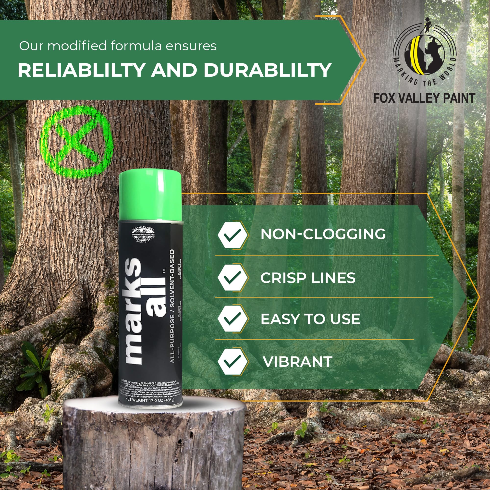 Fox Valley Marks All Utility Marking Paint Spray Can - 18 oz (Pack of 12), Fluorescent Green - Lawn, Tree, Driveway, Parking Lot & Grass Marking Paint for Easy Landscape, Construction & Property Maintenance