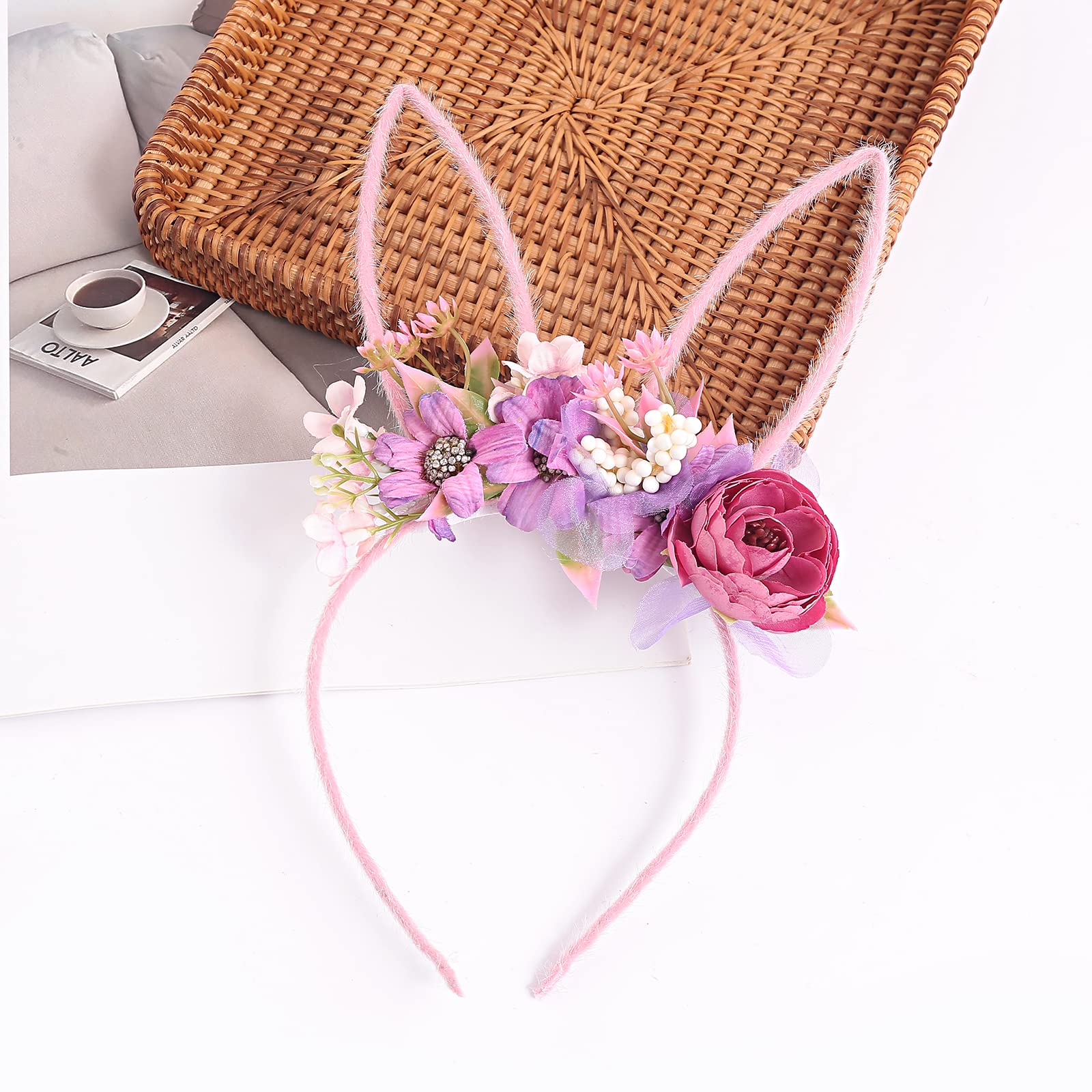 Bubbmi Easter Bunny Ear Headband with Artificial Flowers Crown - Rabbit Long Ear Hairbands for Girls & Women - Pink & Purple Festival Costume Hair Accessories for Easter, Spring Parties & Photo Shoots