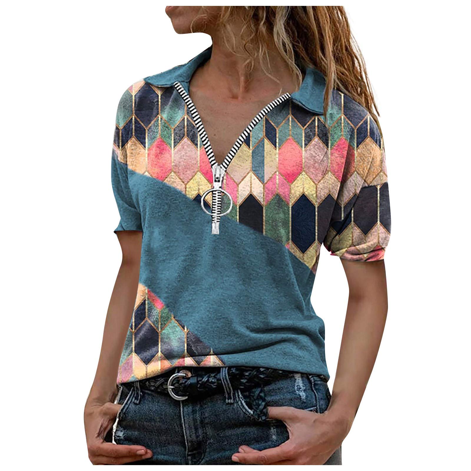 Women's Short Sleeve V-Neck Zipper T-Shirts - Casual Summer Pullover Tops for Everyday Wear, Workout & Outdoor Activities