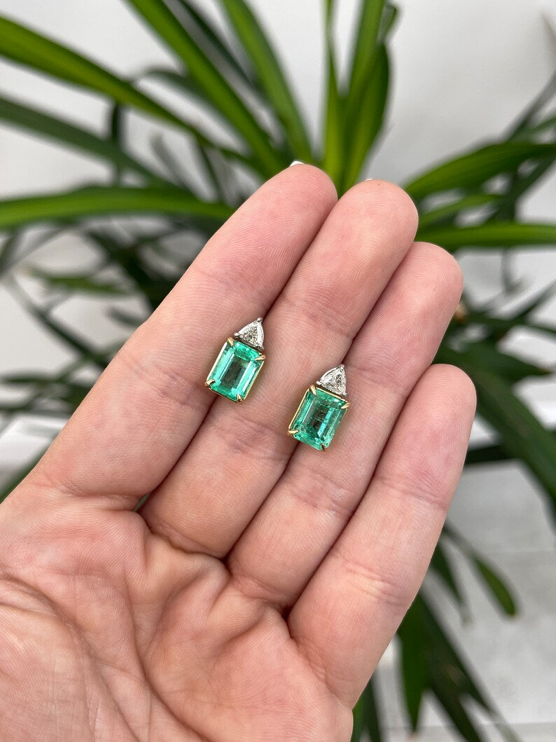 18K White Gold Colombian Emerald and Diamond Stud Earrings - 6.73tcw Emerald Cut & Trillion Accent - Elegant Jewelry for Weddings, Parties & Special Occasions