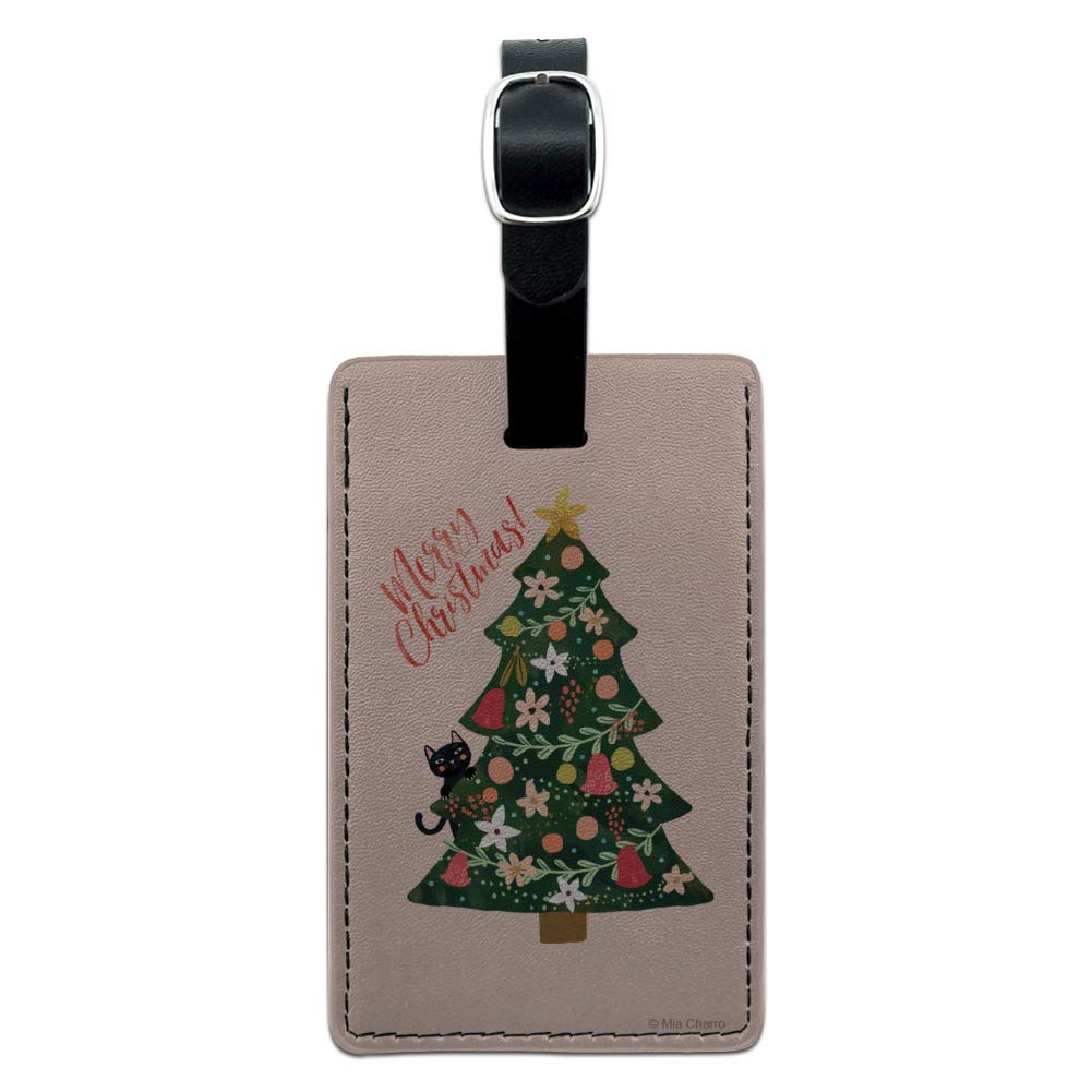 Christmas Tree with Cat Design Rectangle Leather Luggage Tag - Durable Carry-On ID Tag for Suitcases, Backpacks & Travel Bags - Perfect Gift for Cat Lovers & Holiday Travelers