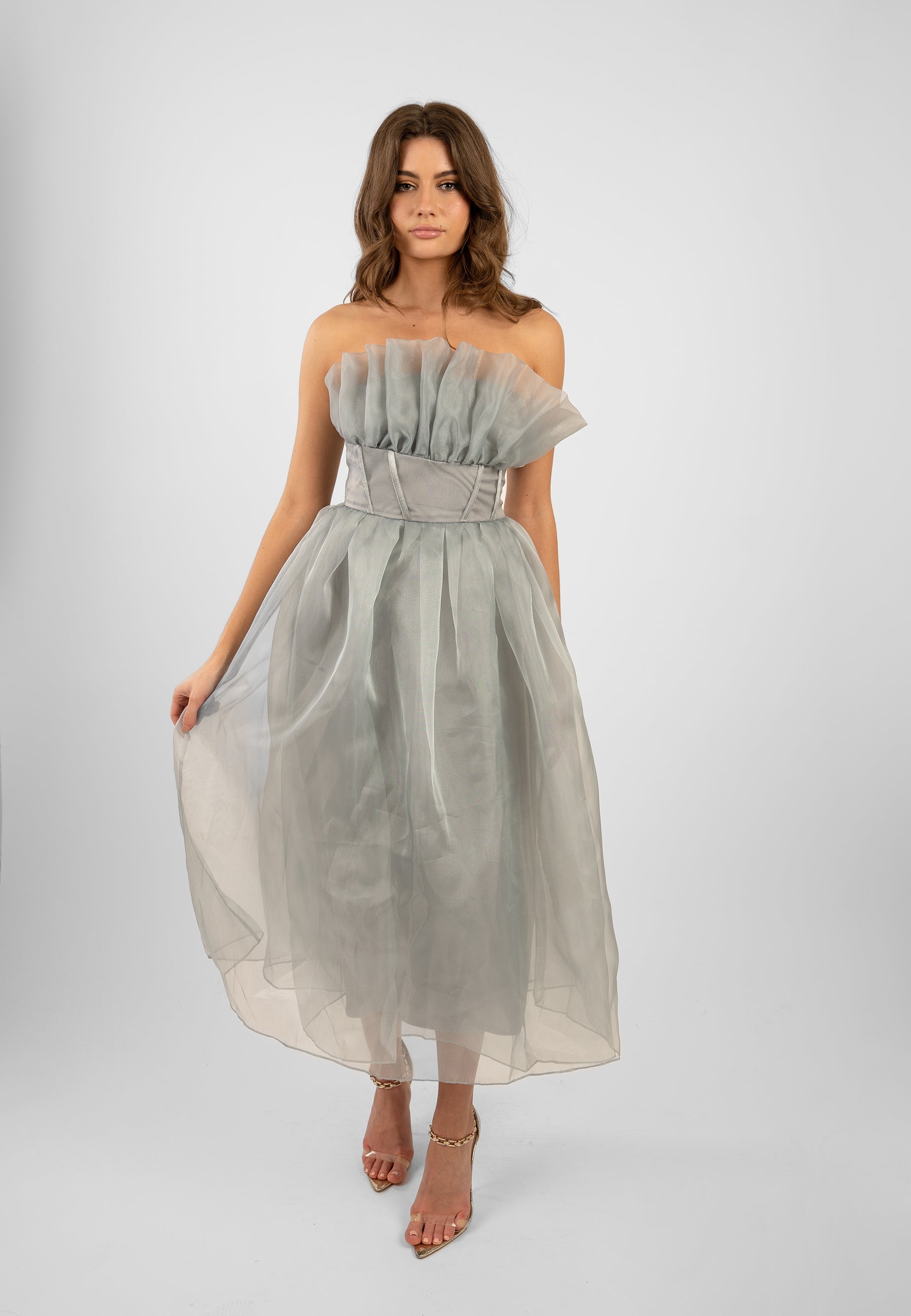Elegant Grey Organza Midi Dress for Women | Noah Formal & Party Dress | Perfect for Weddings, Cocktail Parties & Special Occasions