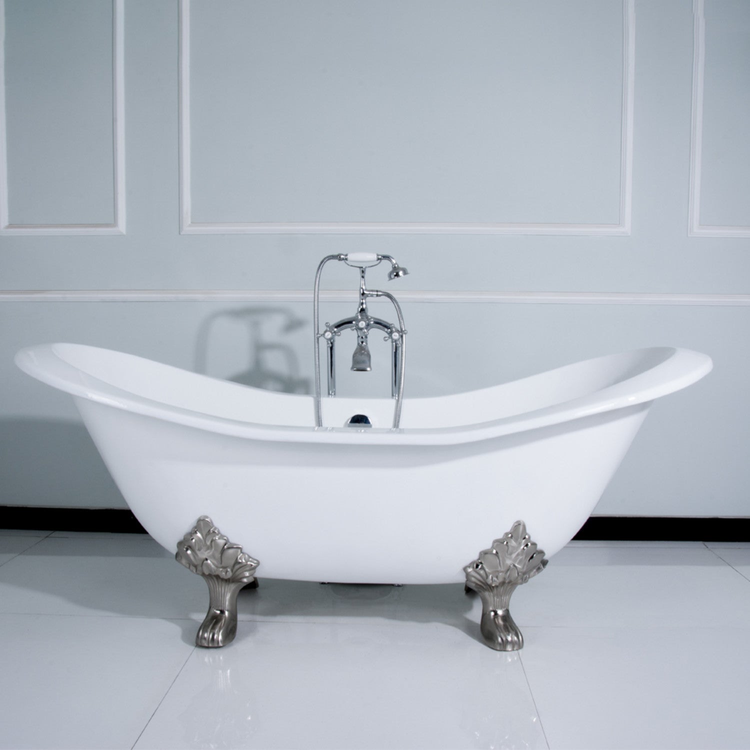 72 Inch White Cast Iron Clawfoot Bathtub - Oval Double Slipper Design with Polished Chrome Feet | Vintage Freestanding Soaking Tub for Luxury Bathroom & Spa Relaxation