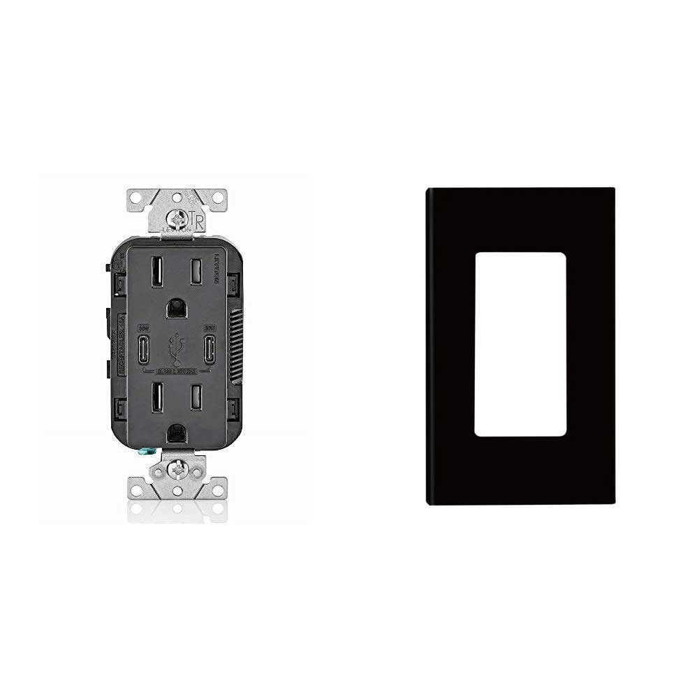 Leviton T5635-E USB Dual Type-C PD In-Wall Charger - 15A 125V Tamper-Resistant Outlet with Screwless Wall Plate (2-Pack, Black) - Perfect for Home, Office & Hotel Charging Stations