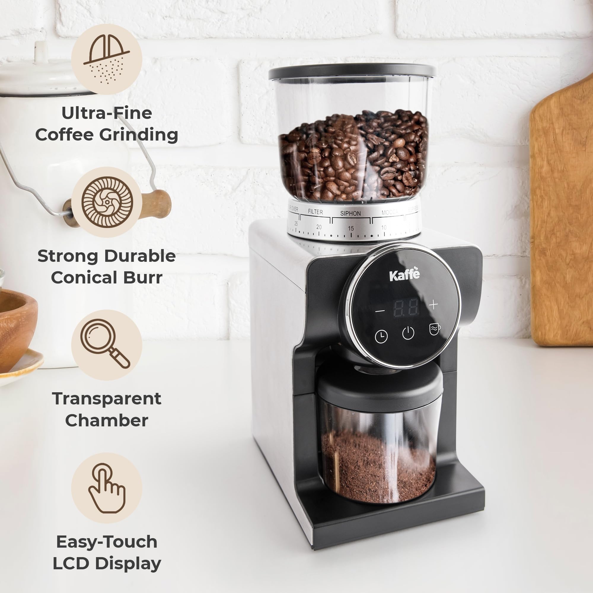 Premium Kaffe Electric Burr Coffee Grinder - 9oz Capacity, 31 Adjustable Grind Settings with Conical Burr - Touch Screen Timer & Cup Selector - Stainless Steel Precision Bean Grinder for Espresso, French Press & Drip Coffee - Perfect for Home & Office Use