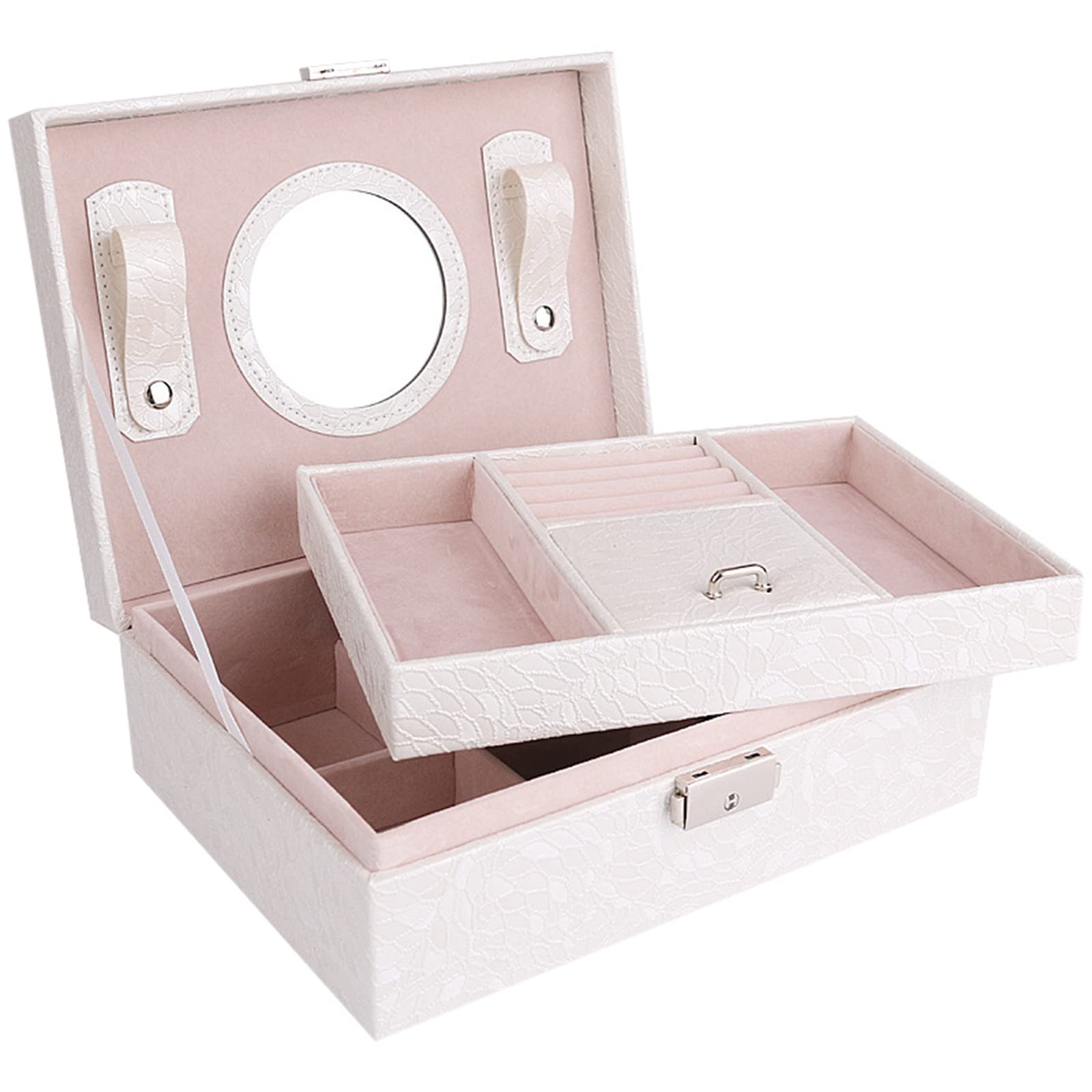 Comigeewa Jewelry Box with Lock & Mirror - 2-Layer Jewelry Organizer for Earrings, Bracelets, Rings & Watches - Secure Storage Case with Display for Home, Travel & Gift Giving