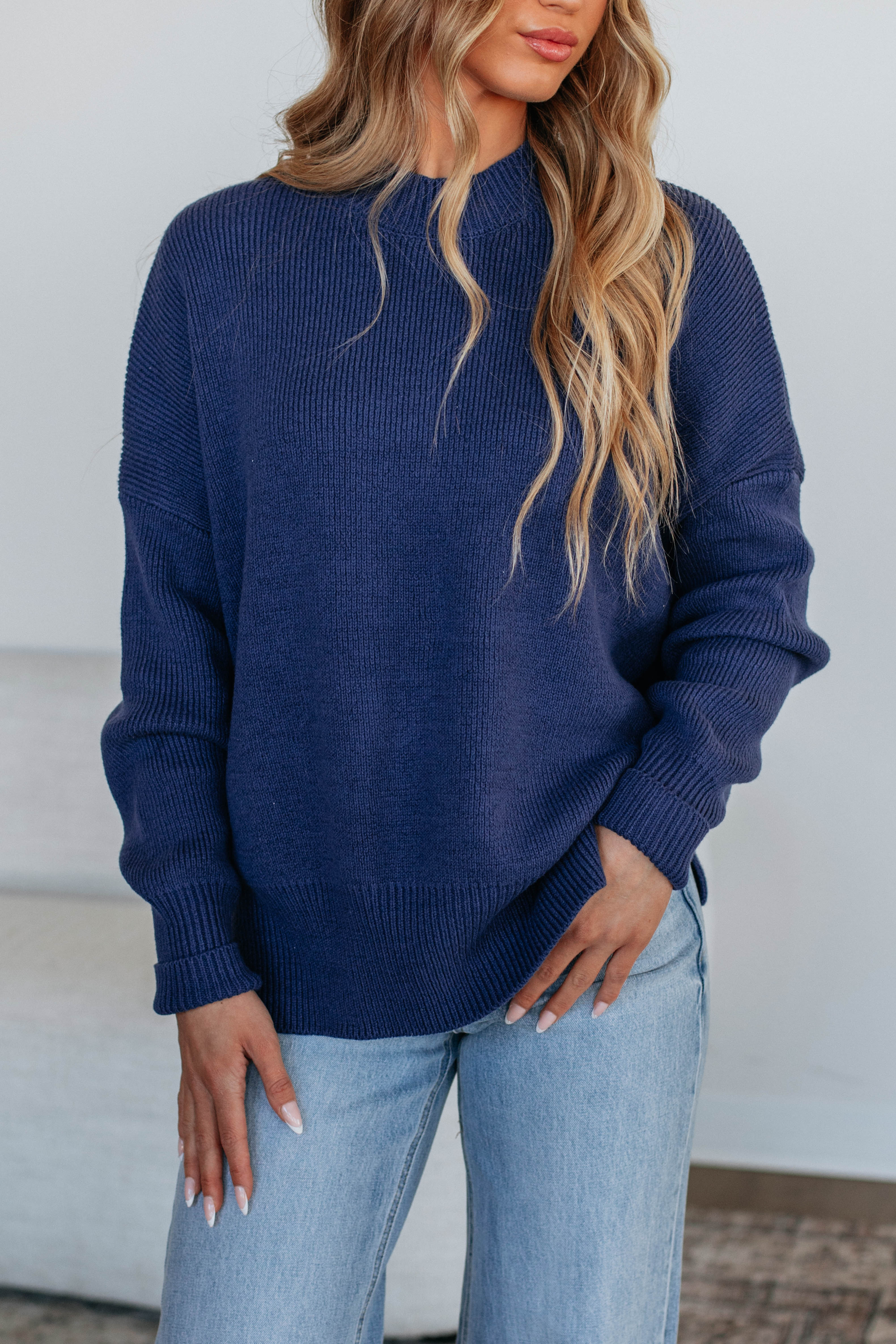 Women's Chelsea Mock Neck Sweater - Soft Navy Pullover for Fall & Winter | Casual Wear, Office Outfit, Layering Essential