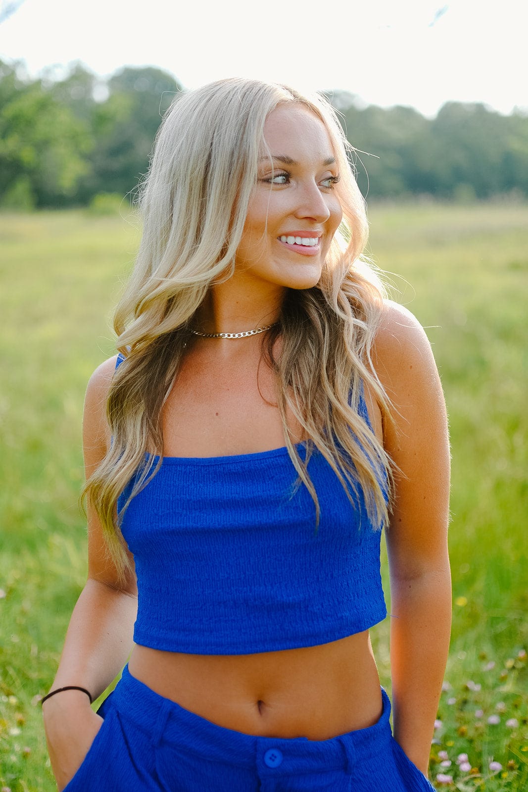Royal Blue Crop Top Set - Women's Fashion Two Piece Outfit for Summer, Beach, and Casual Wear