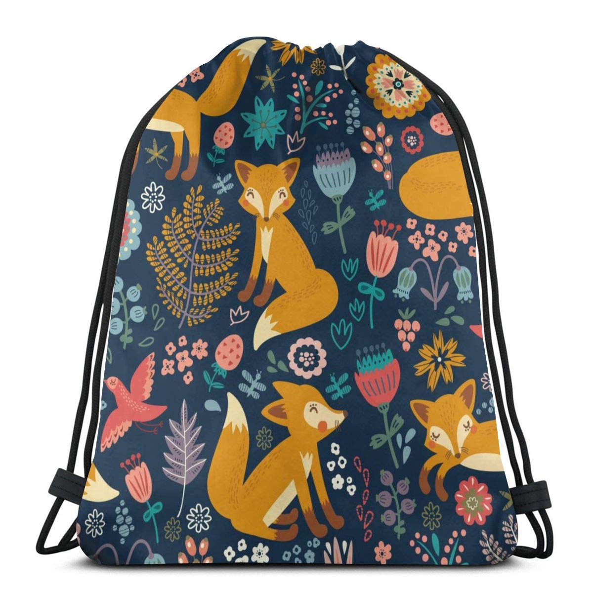 LOKIDVE Women's Fox Floral Print Drawstring Backpack - Lightweight Gym Bag for Travel, Sports, School & Party Favors | Perfect for Workout, Beach Day & Festival Use