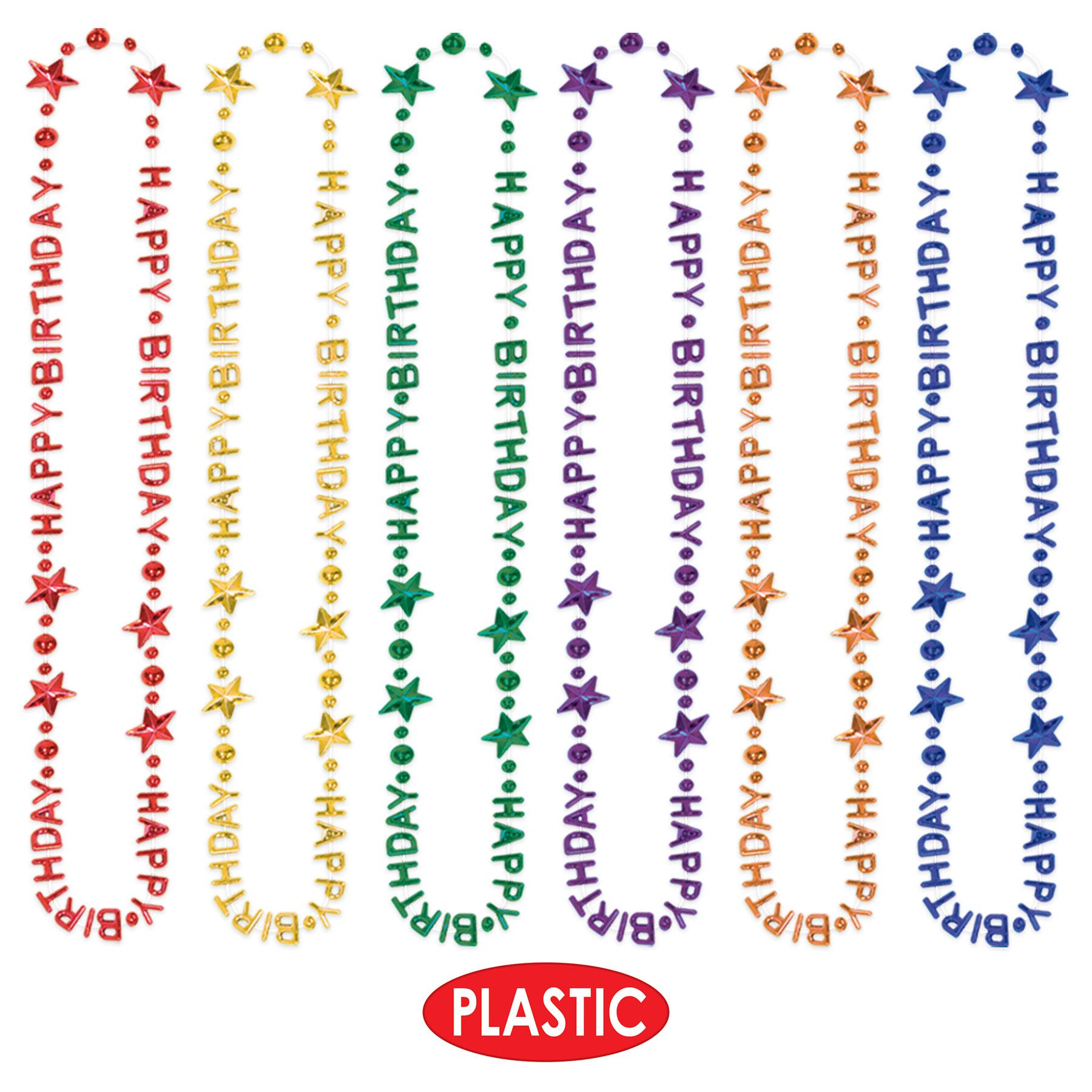 12 Pack Happy Birthday Bead Necklaces for Party Favors - Colorful Mardi Gras Style Party Supplies for Birthday Celebrations, Carnivals & Festive Events