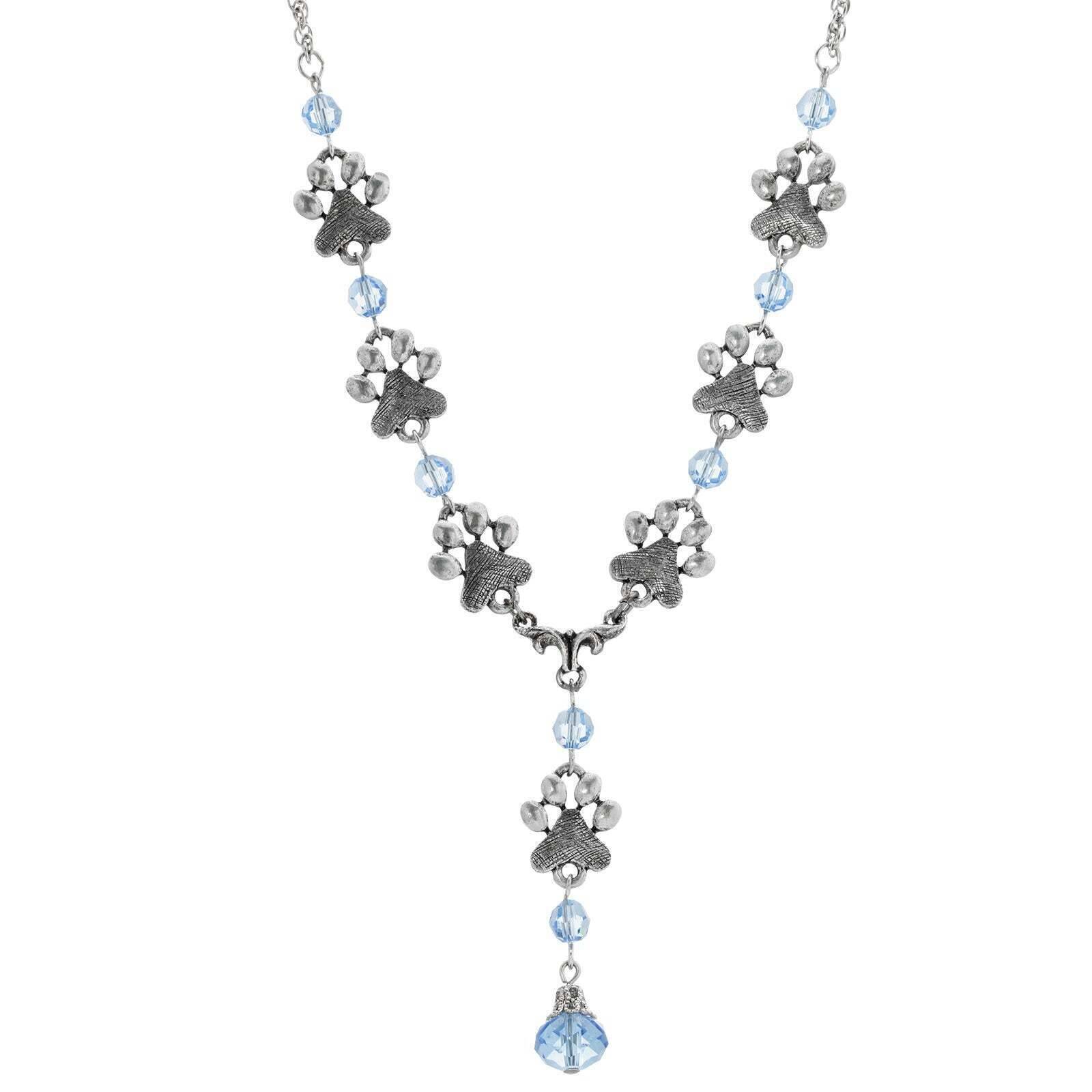 1928 Jewelry Paw Prints & Light Sapphire Glass Bead Y Necklace - 16