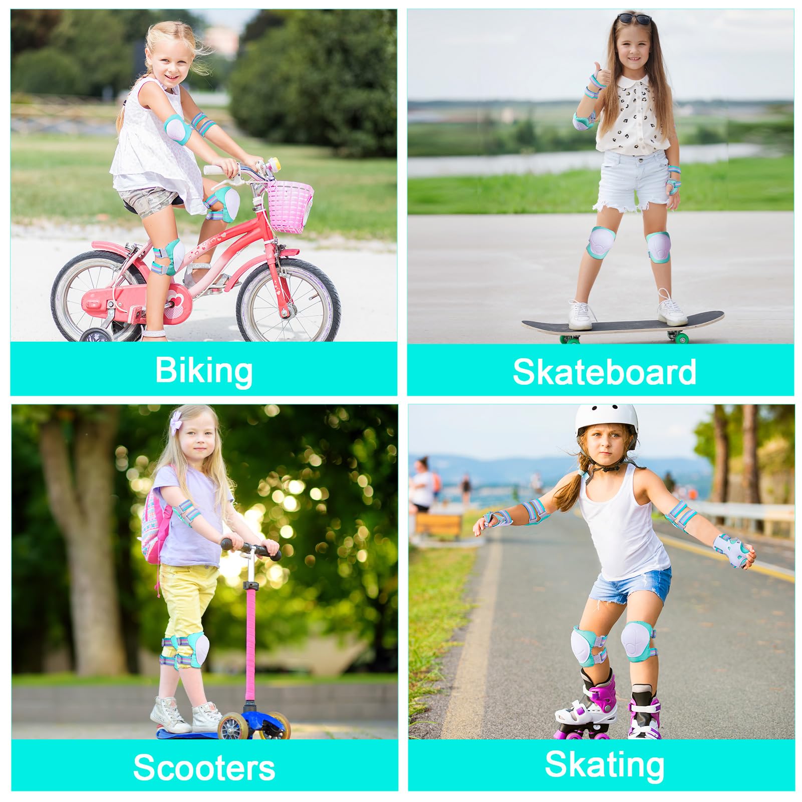 FIODAY Kids Knee and Elbow Pads Set with Wrist Guards - Adjustable Protective Gear for Boys & Girls (3-8 Years) - Ideal for Inline Skating, Biking, Skateboarding & Scooter Riding - Aqua Green - Safety Gear for Active Children