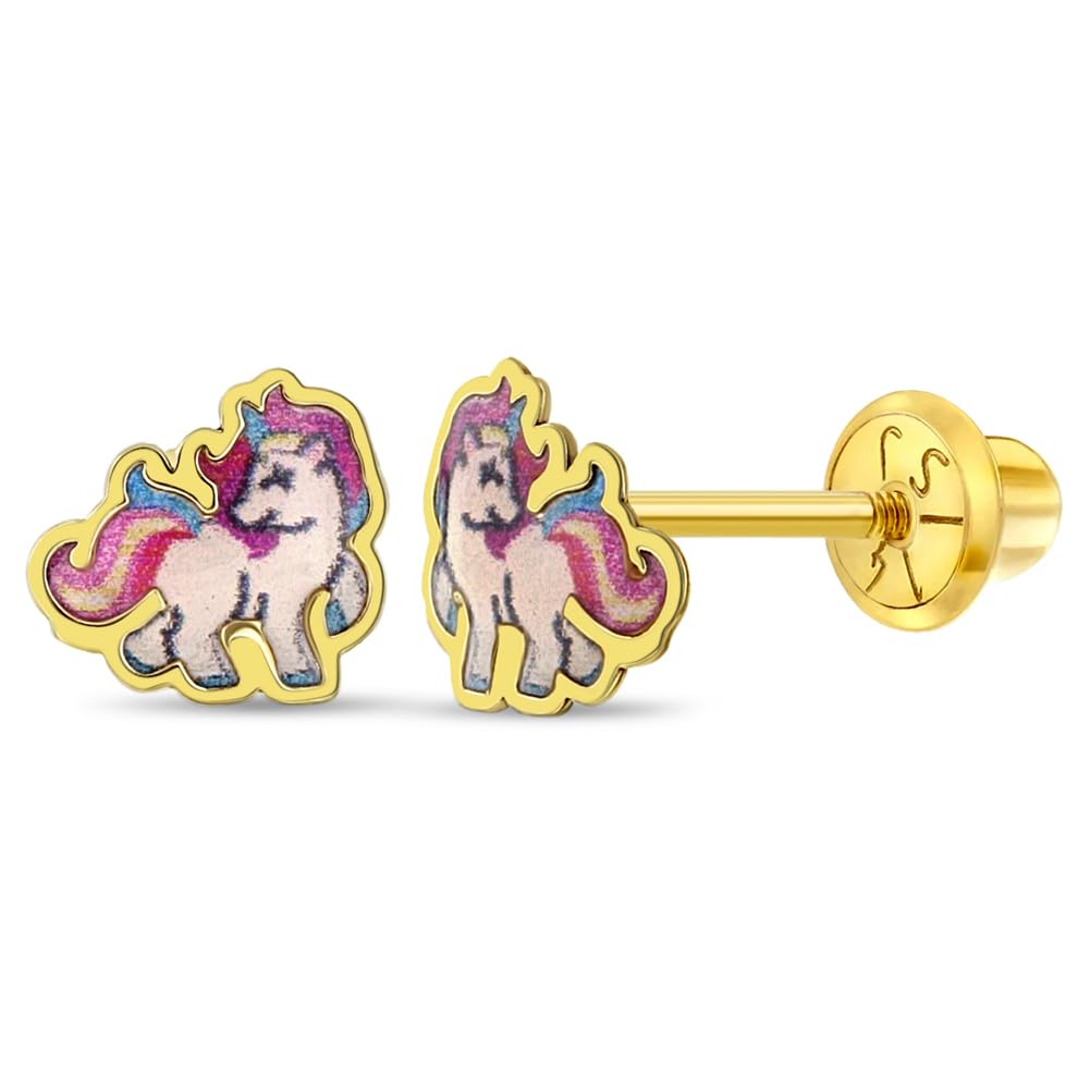 14K Yellow Gold Rainbow Unicorn Screw Back Earrings for Girls - Hand-Painted Enamel Princess Earrings for Toddlers & Teens | Perfect for Birthday Gifts, Party Wear & Everyday Fashion Accessories