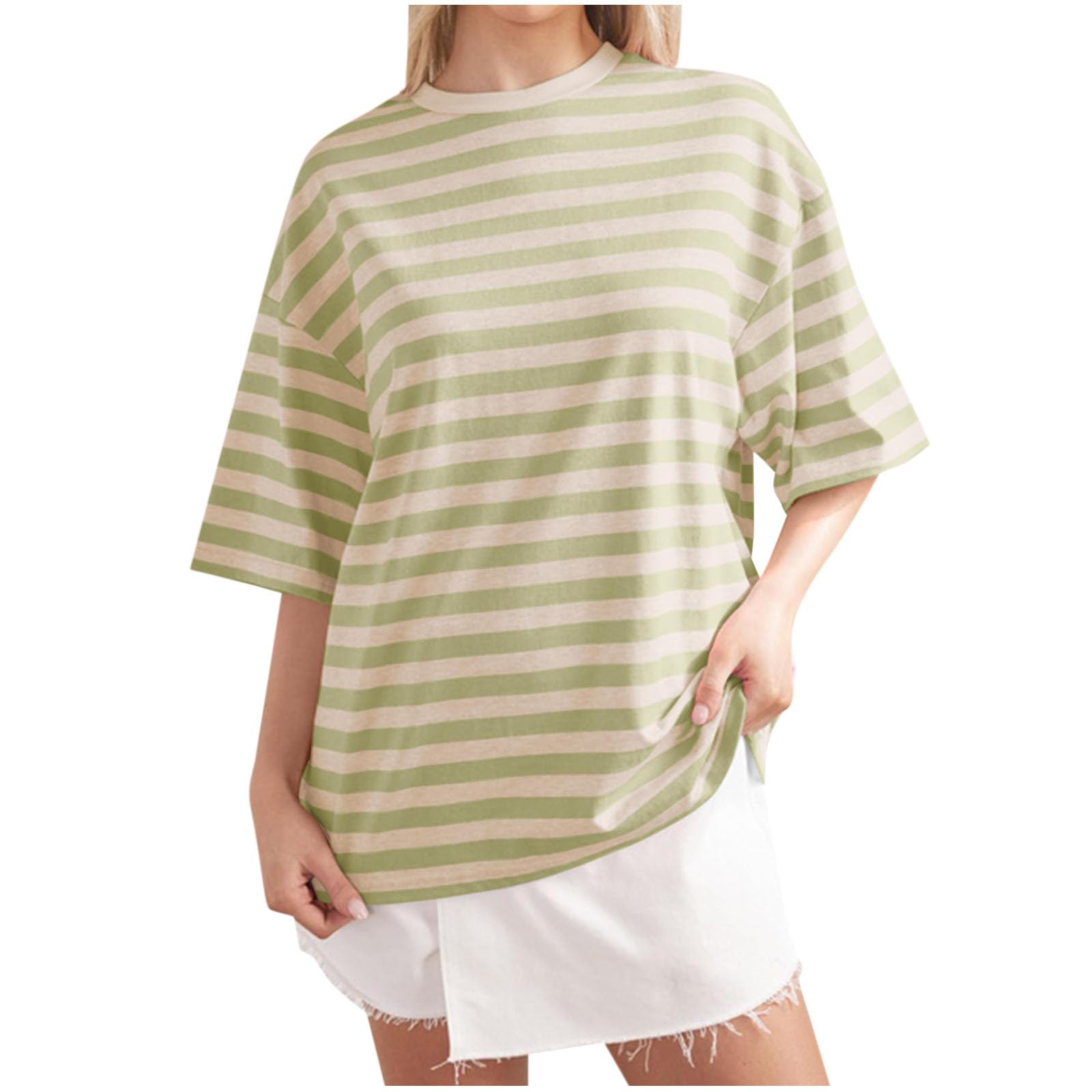 2024 Summer Women's Oversized Striped Short Sleeve T-Shirts - Casual Crewneck Color Block Tee Tops for Streetwear & Beach Outfits
