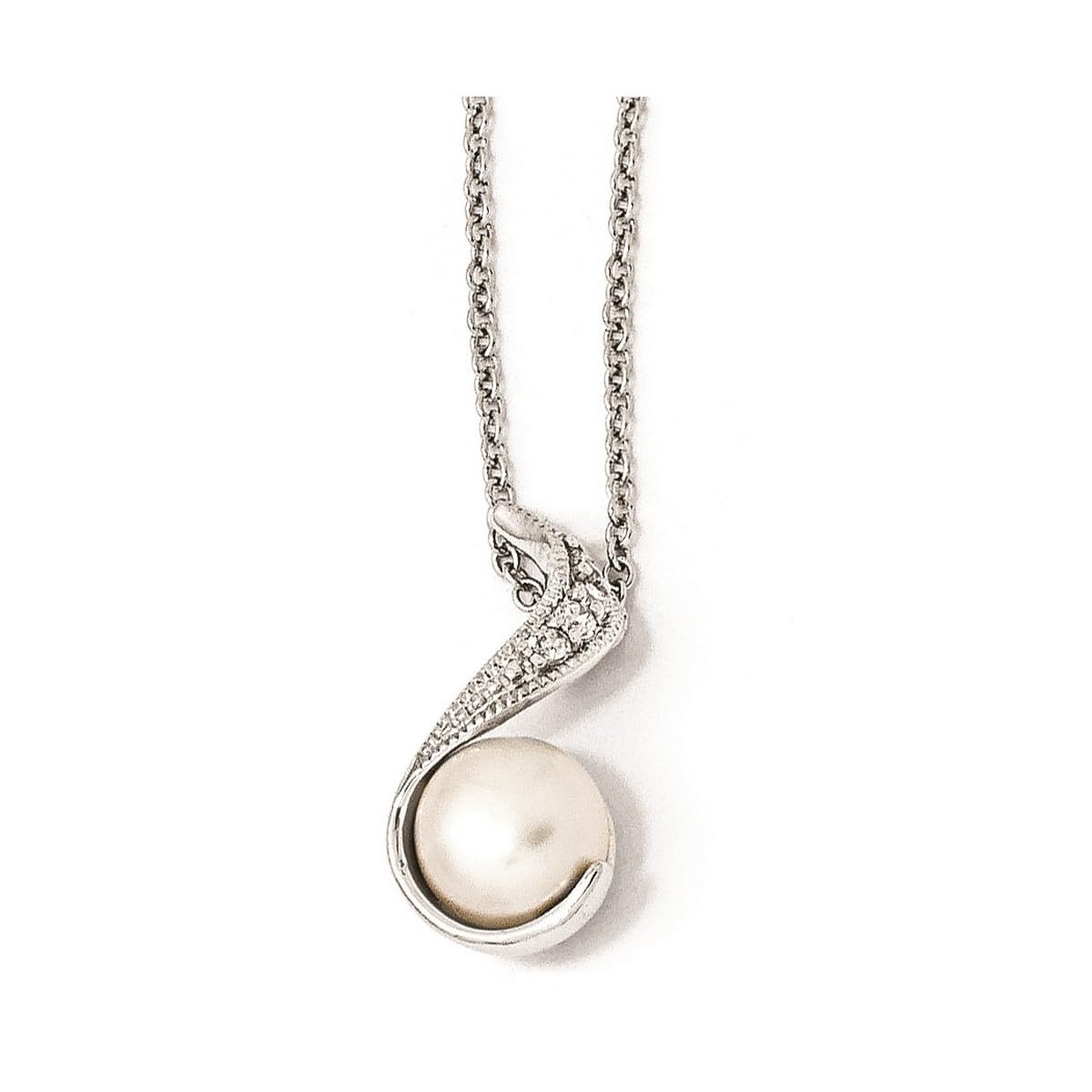 925 Sterling Silver Lobster Clasp CZ Cubic Zirconia Simulated Diamond & Freshwater Pearl Swirl Pendant Necklace for Women - 18 Inch Chain, 9mm Wide - Perfect for Weddings, Parties & Elegant Everyday Wear