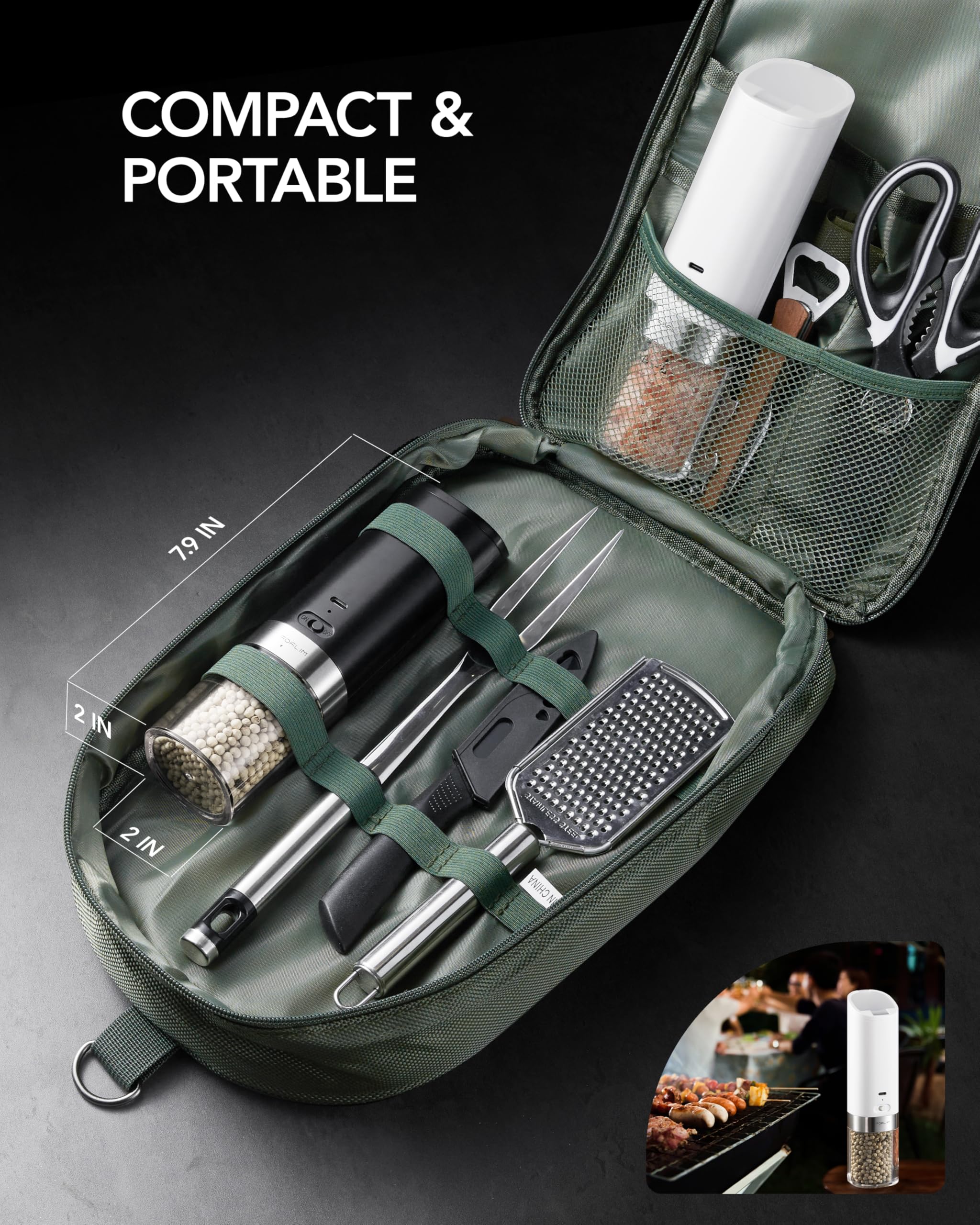 Premium Gravity-Operated USB Rechargeable Salt and Pepper Grinder Set with Adjustable Coarseness - Integrated Dust Cover, Portable for Travel, Outdoor BBQ & Kitchen Use (White & Black) - Perfect for Camping, Picnics & Home Cooking