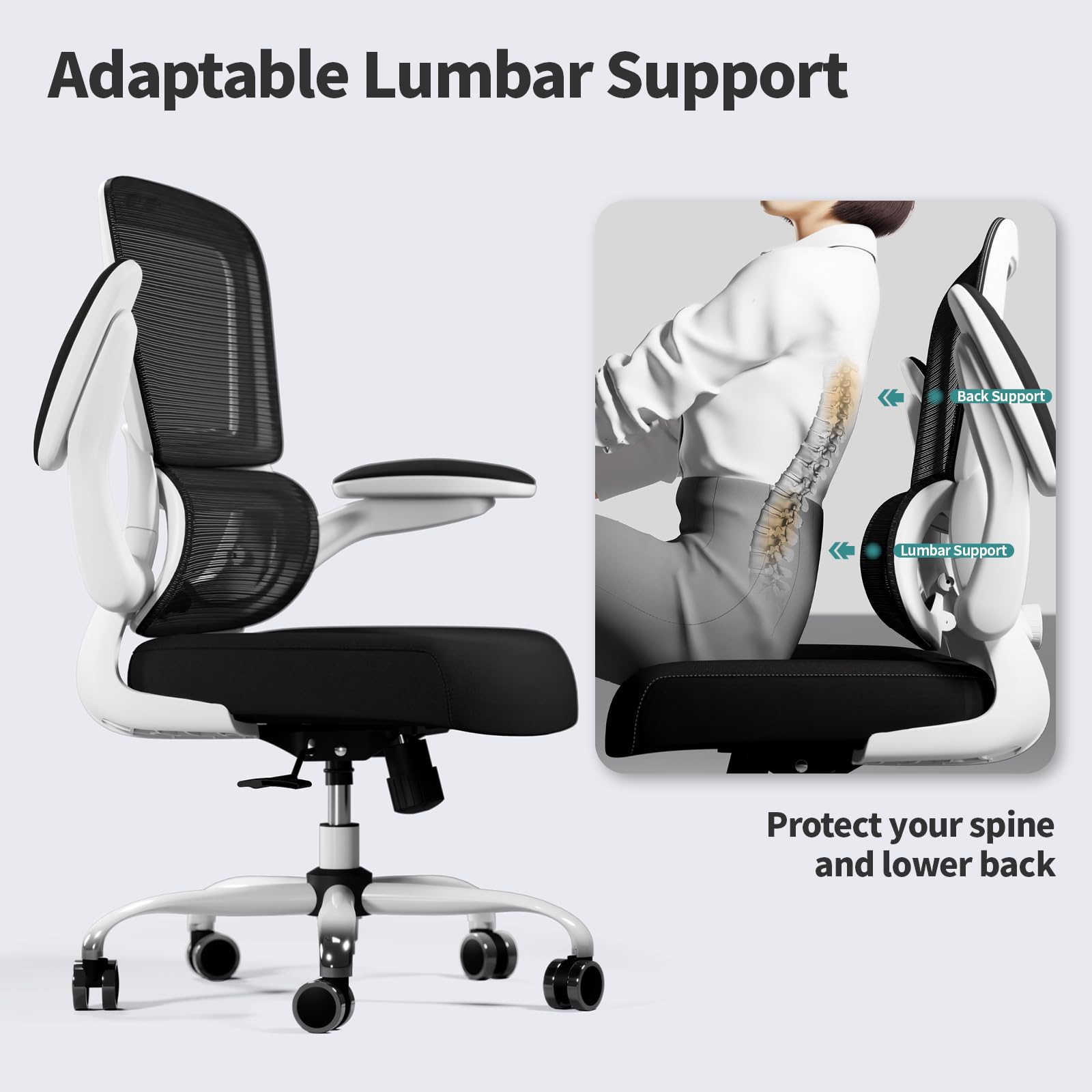 Ergonomic Mesh Office Chair with Wheels - Adjustable Height Swivel Task Chair for Home & Office Workspace (Black/White) - Perfect for Long Hours Sitting, Computer Work & Video Conferencing