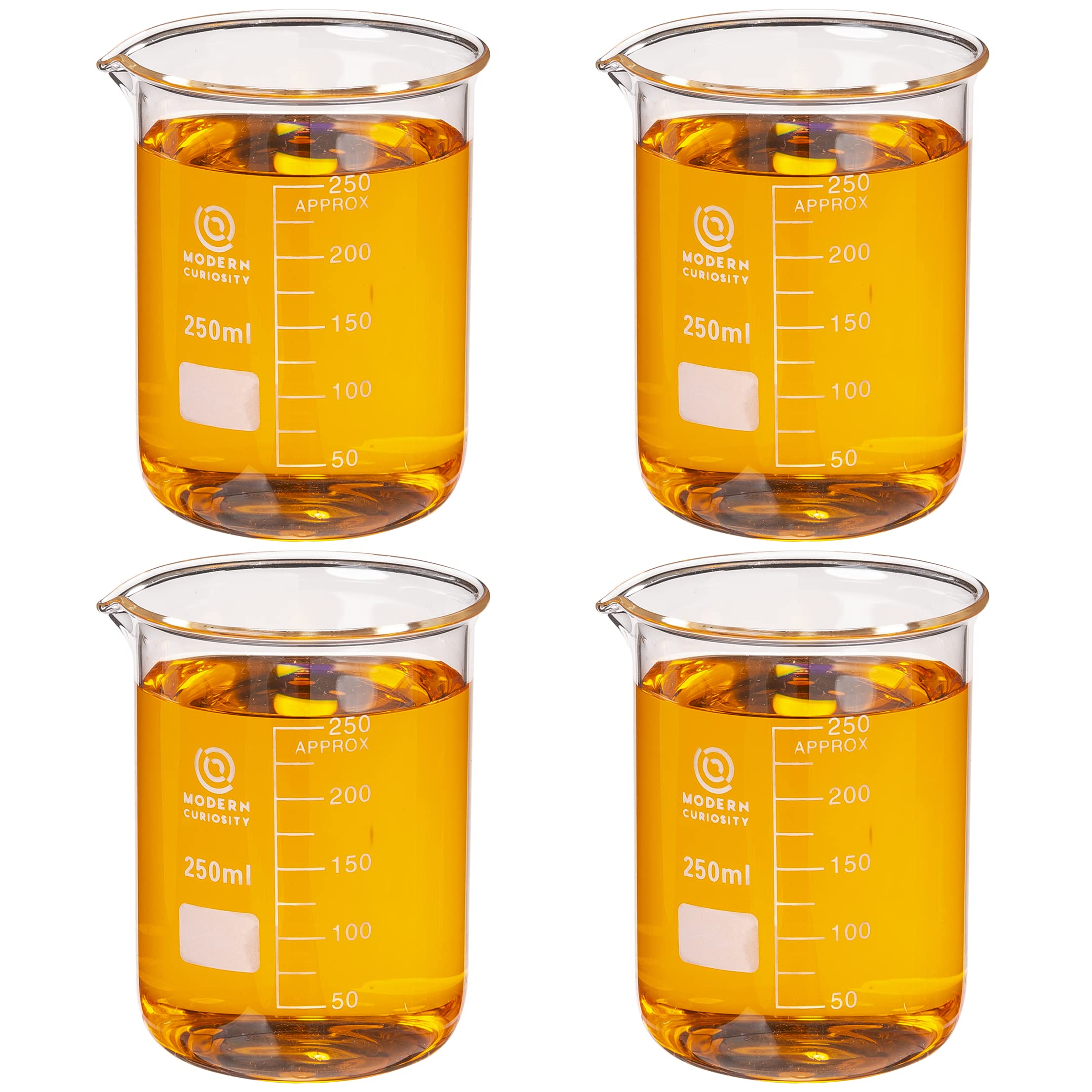 Borosilicate Glass Beakers Set - 250mL, 4-Pack - Durable Chemistry Lab Equipment for Science Education, Research, and Industrial Labs - Ideal for Classroom Experiments and Academic Studies