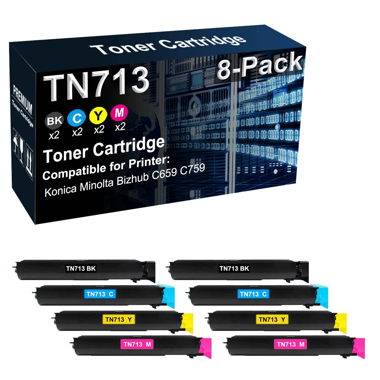 8-Pack (2BK+2C+2Y+2M) High Yield TN-713 Compatible Toner Cartridge for Konica Minolta Bizhub C659 C759 Printers - Ideal for Office & High-Volume Printing Needs