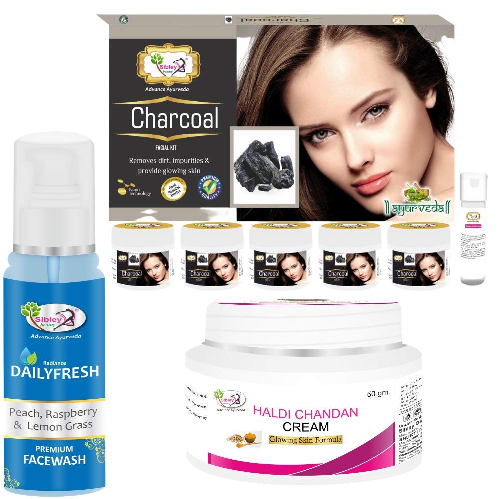 Sibley Beauty Activated Bamboo Charcoal Facial Kit with Serum (155g) - Daily Fresh Face Wash (100ml) & Haldi Chandan Skin Cream (50g) - For Men, Women & All Skin Types - Deep Cleansing & Brightening Skincare Routine for Acne & Blackheads