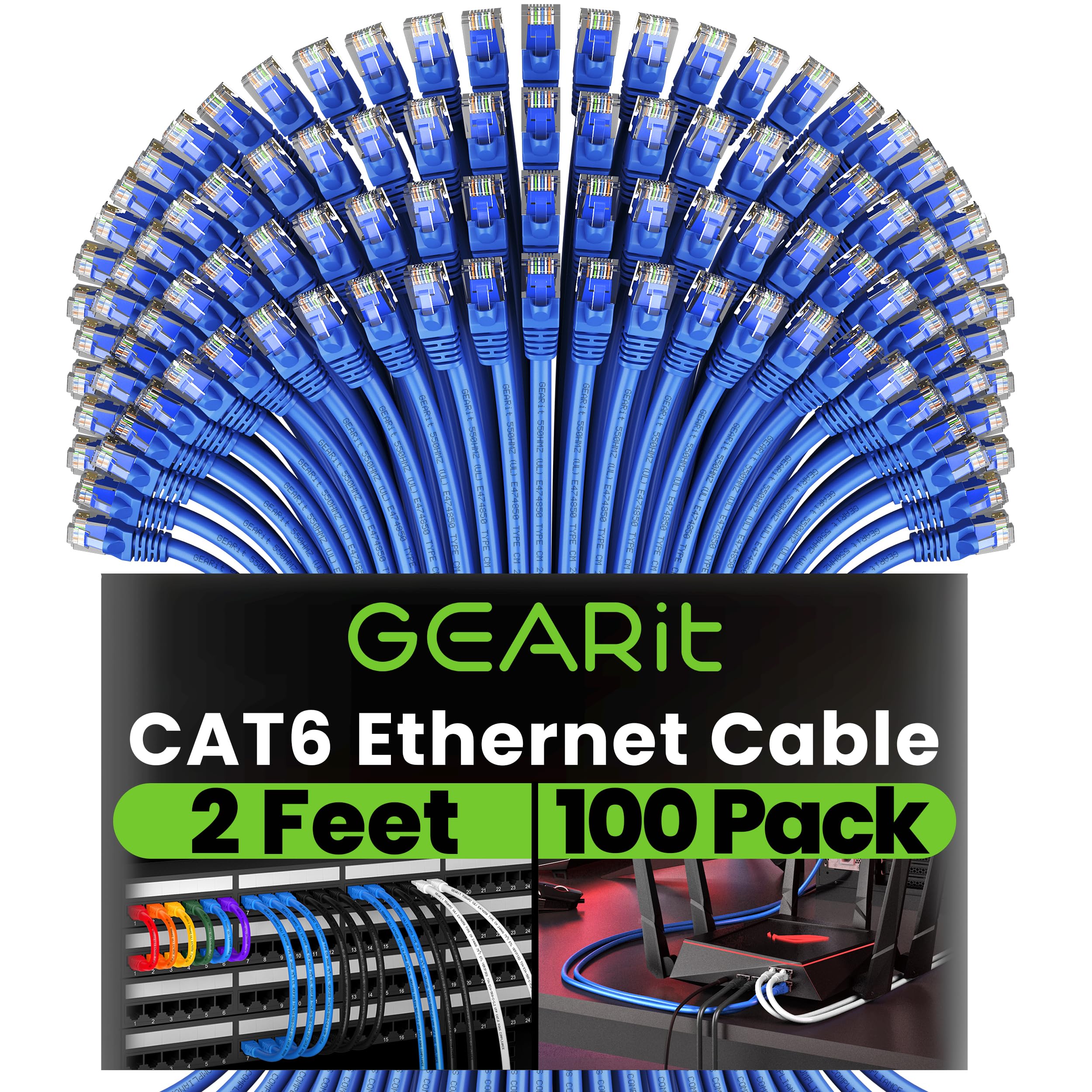 GEARit Cat 6 Ethernet Cable 100-Pack (2 Feet) - 10Gbps High-Speed Snagless RJ45 Network Patch Cord with Gold-Plated Connectors - Ideal for PC, TV, Tablet, Router, Printer, Servers & Data Centers - Perfect for Home Office, Gaming Setup and IT Networking - Blue