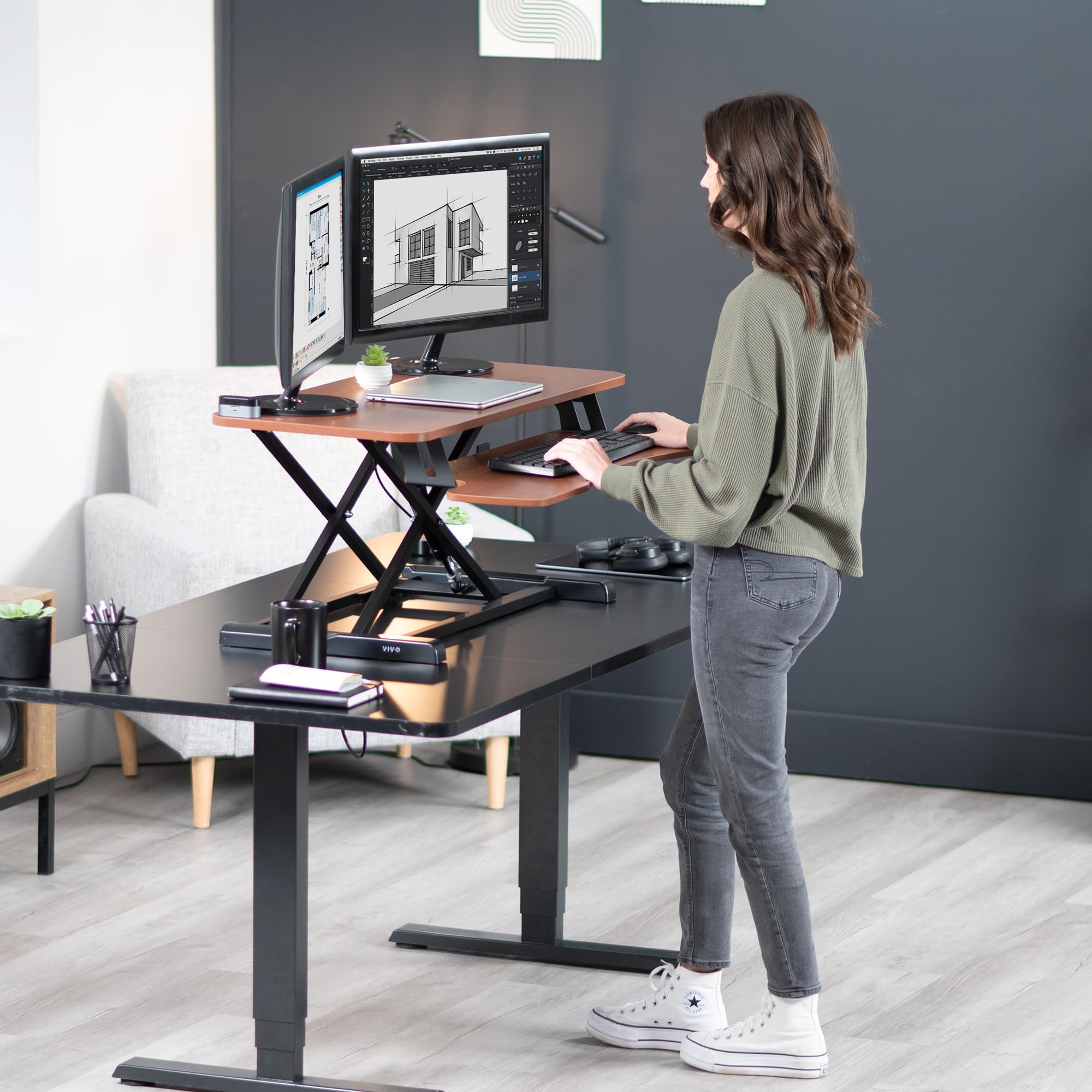 VIVO 36 Inch Height Adjustable Standing Desk Converter - K Series Sit to Stand Riser with Wide Keyboard Tray for Dual Monitor & Laptop Workstation (Dark Walnut Top, Black Frame) - Perfect for Home Office, Gaming Setup & Ergonomic Workspace | Model DESK-V036KA