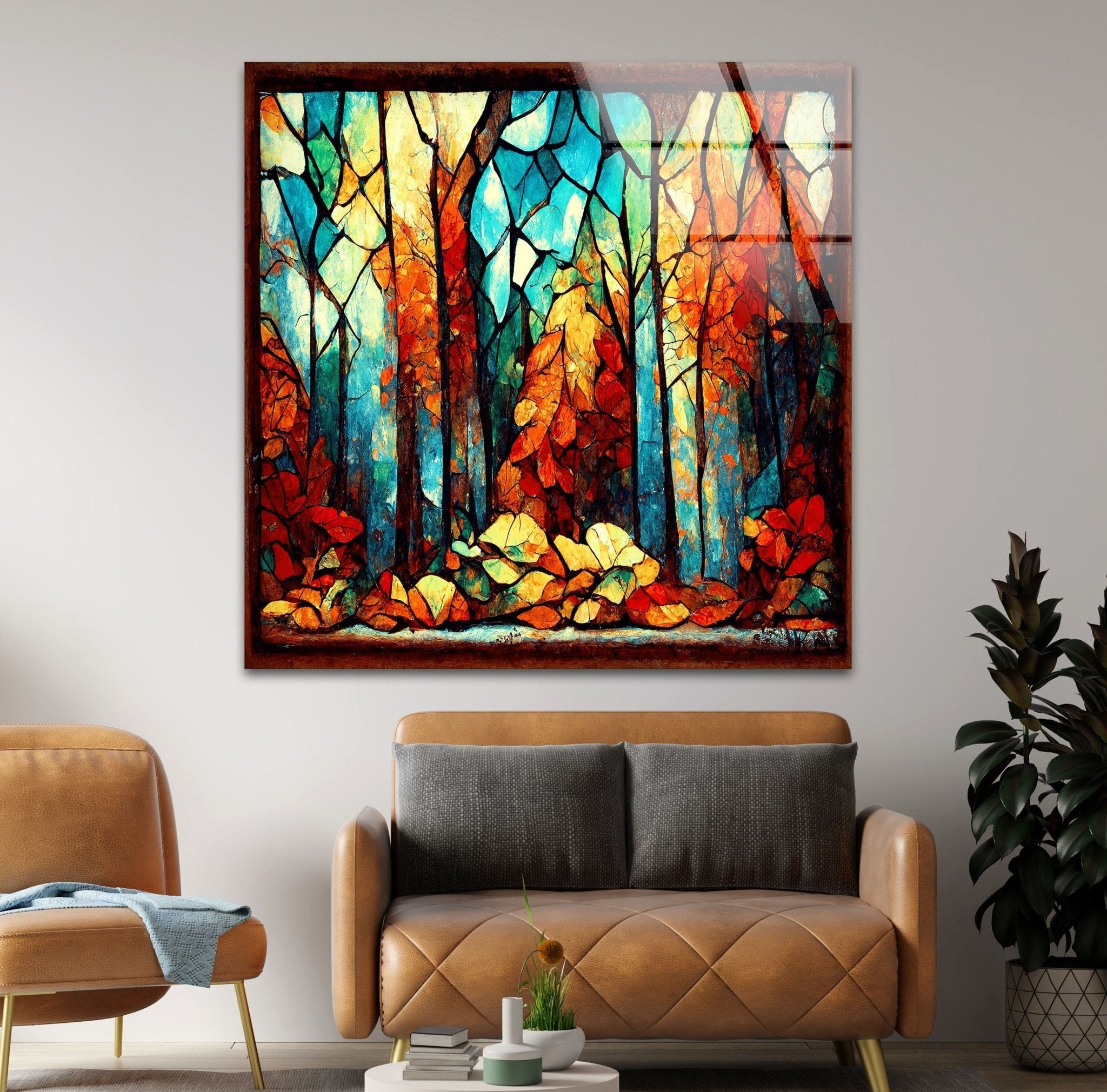 Autumn Forest Stained Glass Wall Art - Handmade Nature Inspired Window Hanging Decor for Living Room, Bedroom & Office - Perfect for Home Decor, Gifts & Meditation Spaces