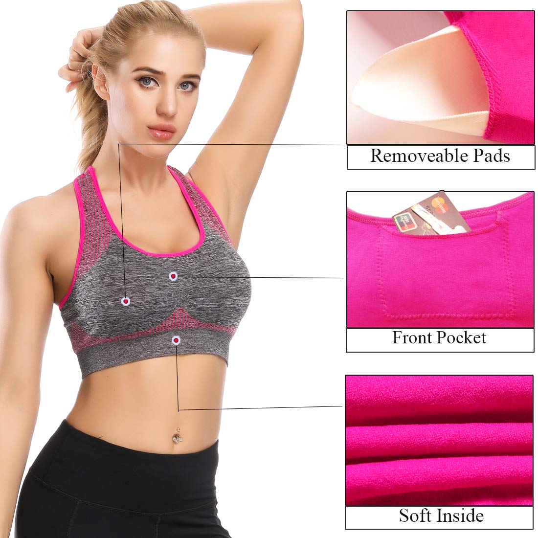 TOBWIZU Women's Medium Support Sports Bras with Pocket - Yoga, Gym & Workout Activewear for Running, Training & Fitness
