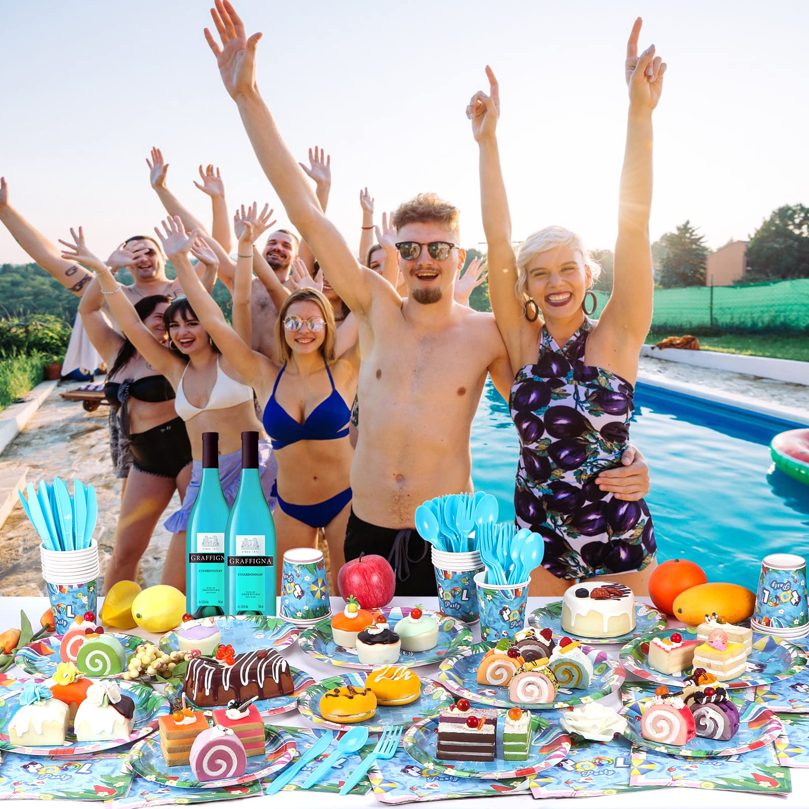 Disposable Party Supplies Set - 24-Piece Pool Party Plates, Cups, Napkins & Cutlery for Birthday, Baby Shower, Summer Beach Events - Eco-Friendly Tableware for Outdoor Gatherings & Themed Decorations