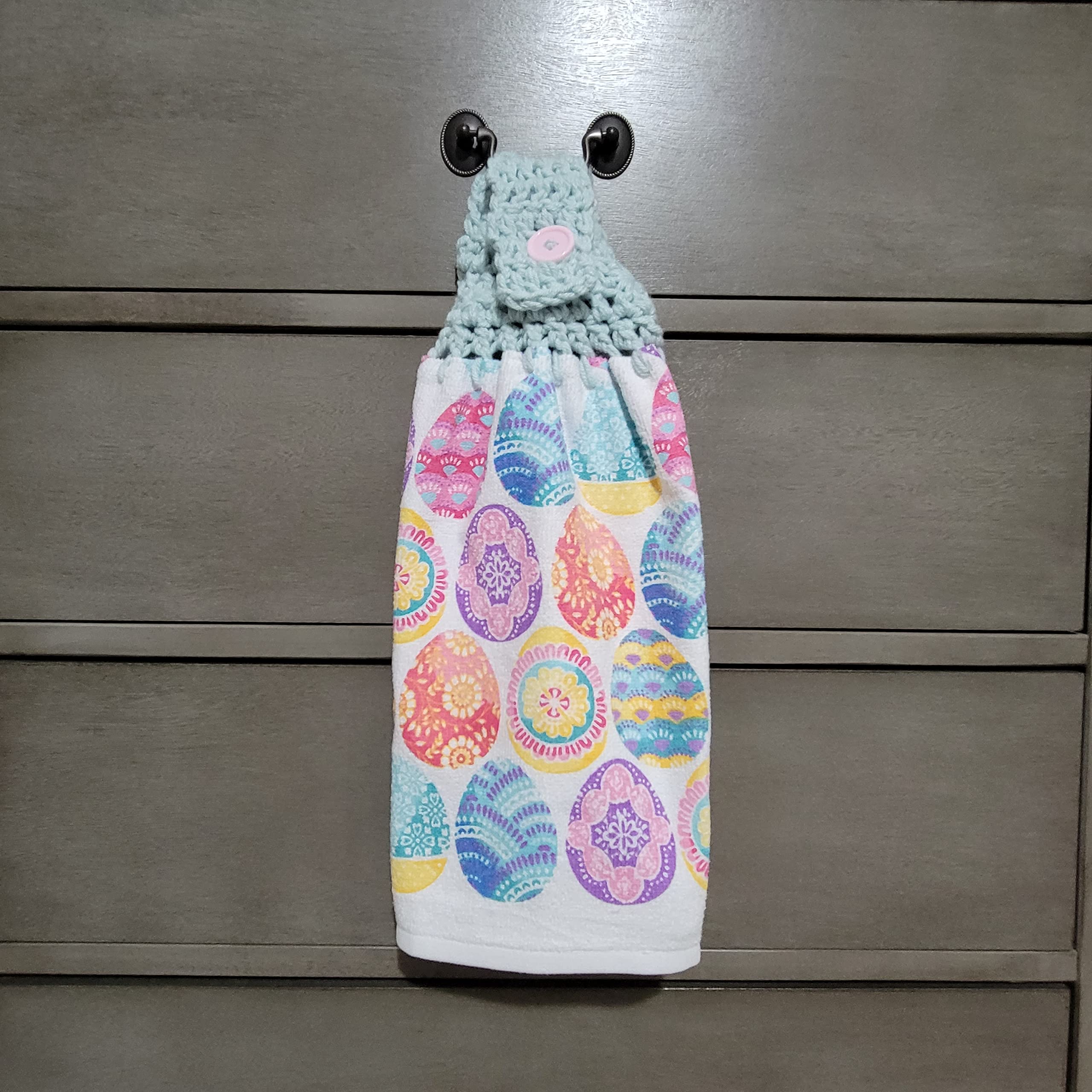 Crochet Top Kitchen Towel - Easter Egg Design in Blue - Absorbent & Decorative for Holiday Kitchen Decor