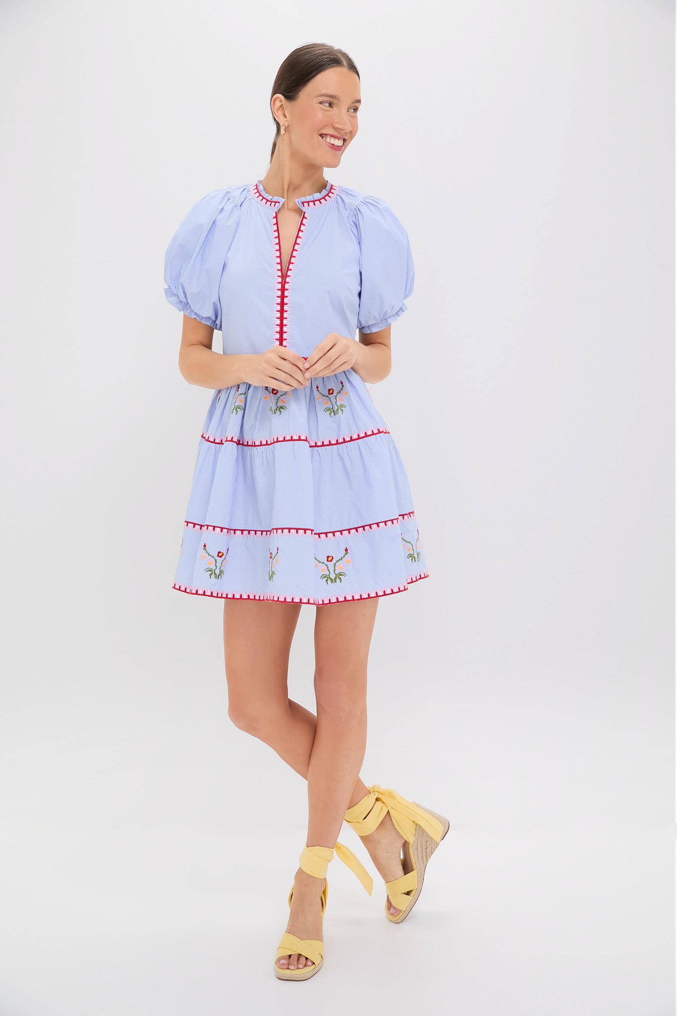 Blue Pinstripe Embroidered V-Neck Lillian Mini Dress for Women - Elegant Cocktail Party & Summer Wedding Guest Outfit