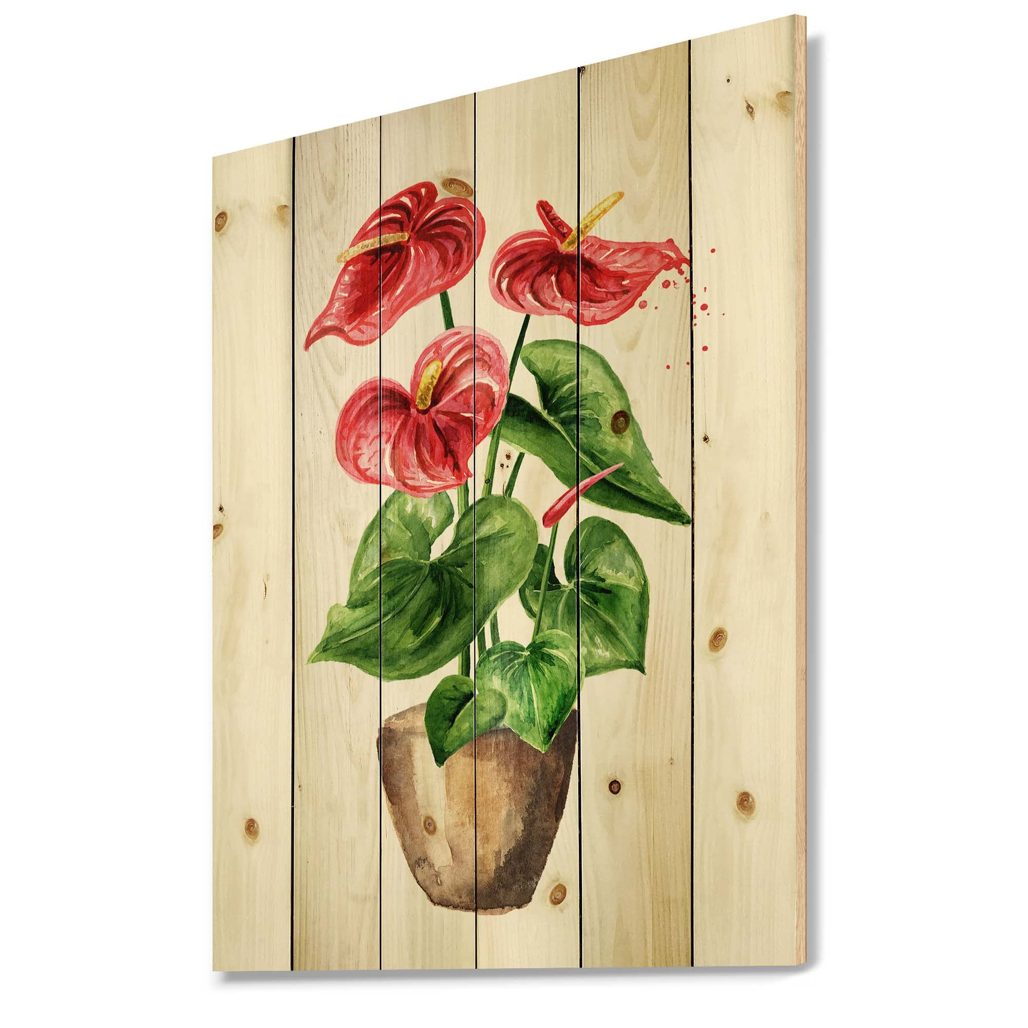 Anthurium Tailflower Flamingo Flower Pot - Traditional Red Wood Wall Decor, Large Floral Pine Wood Wall Art Panel - Perfect for Living Room, Bedroom & Office Decoration