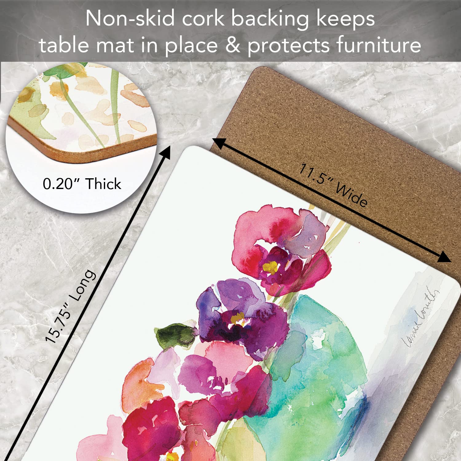 Bowl of Blooms Decorative Hardboard Cork Back Tabletop Placemats - Set of 4 - Heat Resistant & Easy to Clean - Made in USA - Perfect for Dining Tables, Kitchen Countertops & Home Decor