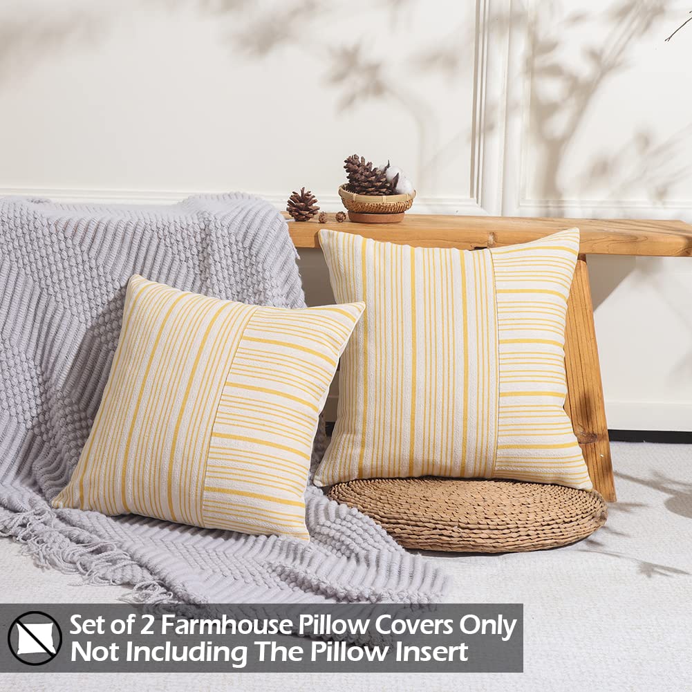 CARRIE HOME Mustard Yellow & Beige Farmhouse European Pillow Covers 24x24 Inch Set of 2 - Striped Patchwork Decorative Modern Throw Pillows for Bedroom, Couch & Sofa - Perfect for Farmhouse Decor, Living Room Accent & Cozy Home Styling
