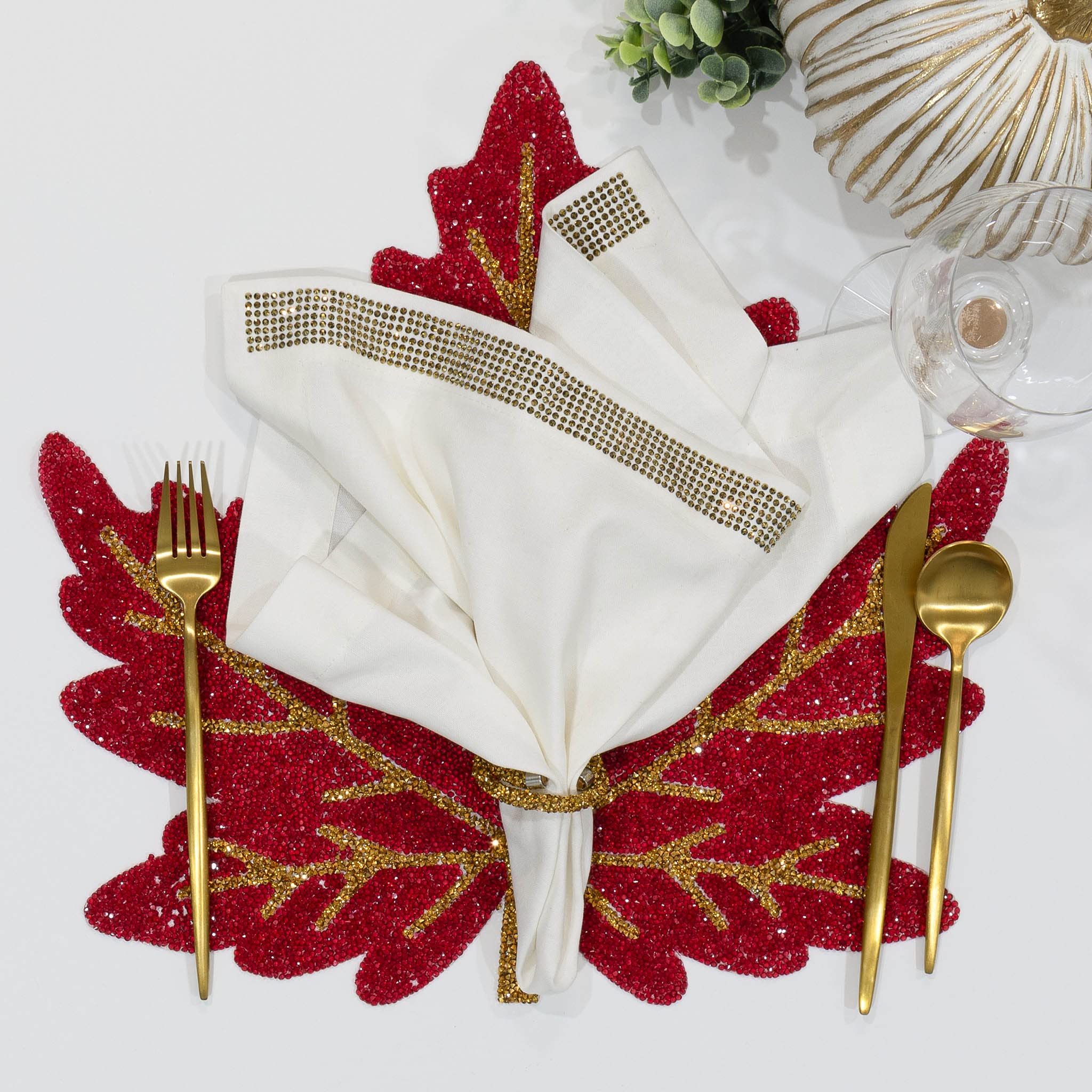Luminous Leaf Placemat with Red & Gold Sparkling Rhinestone Pattern - Non-Slip Dining Table Decor for Festive Holiday Parties, Thanksgiving, Christmas, and Seasonal Celebrations - 15 Inch Round Place Setting