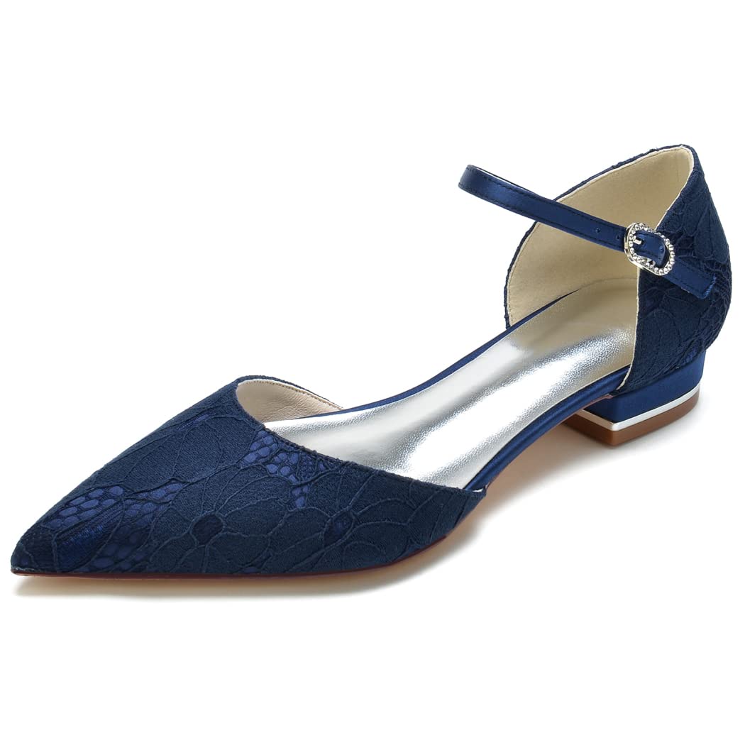 2.5 cm Women's Pointed Toe Satin Lace Ballet Flats with Ankle Strap - Comfortable Dressy Flats for Evening, Bridal Party, Casual Wear - Navy Blue, Size 8.5 US