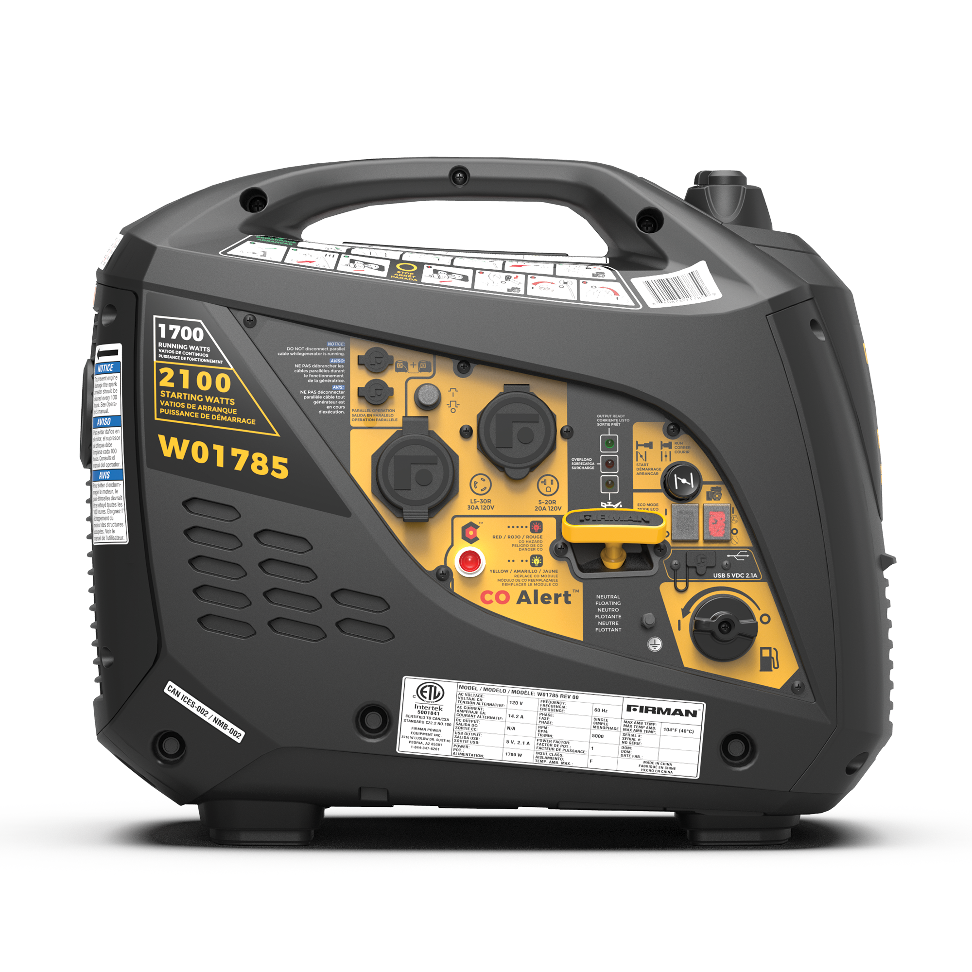 2100W Portable Inverter Generator with Recoil Start & CO Alert - Quiet, Reliable Power for Camping, RV Trips & Emergency Backup