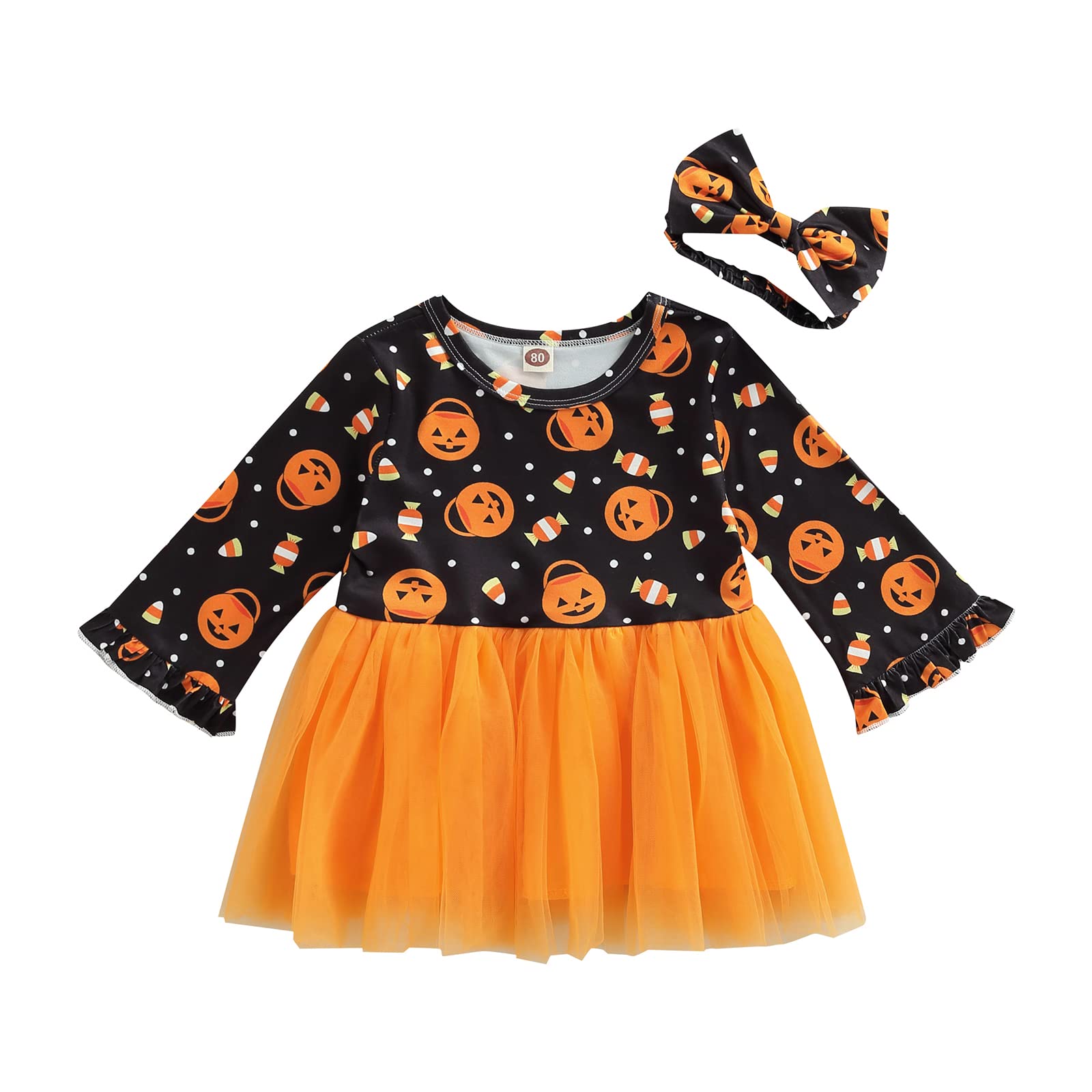 Baby Girl Halloween Costume - Pumpkin Print Long Sleeve Tutu Dress with Headband | Fall Outfit for Toddlers & Kids | Perfect for Trick-or-Treating, Photo Shoots & Autumn Parties